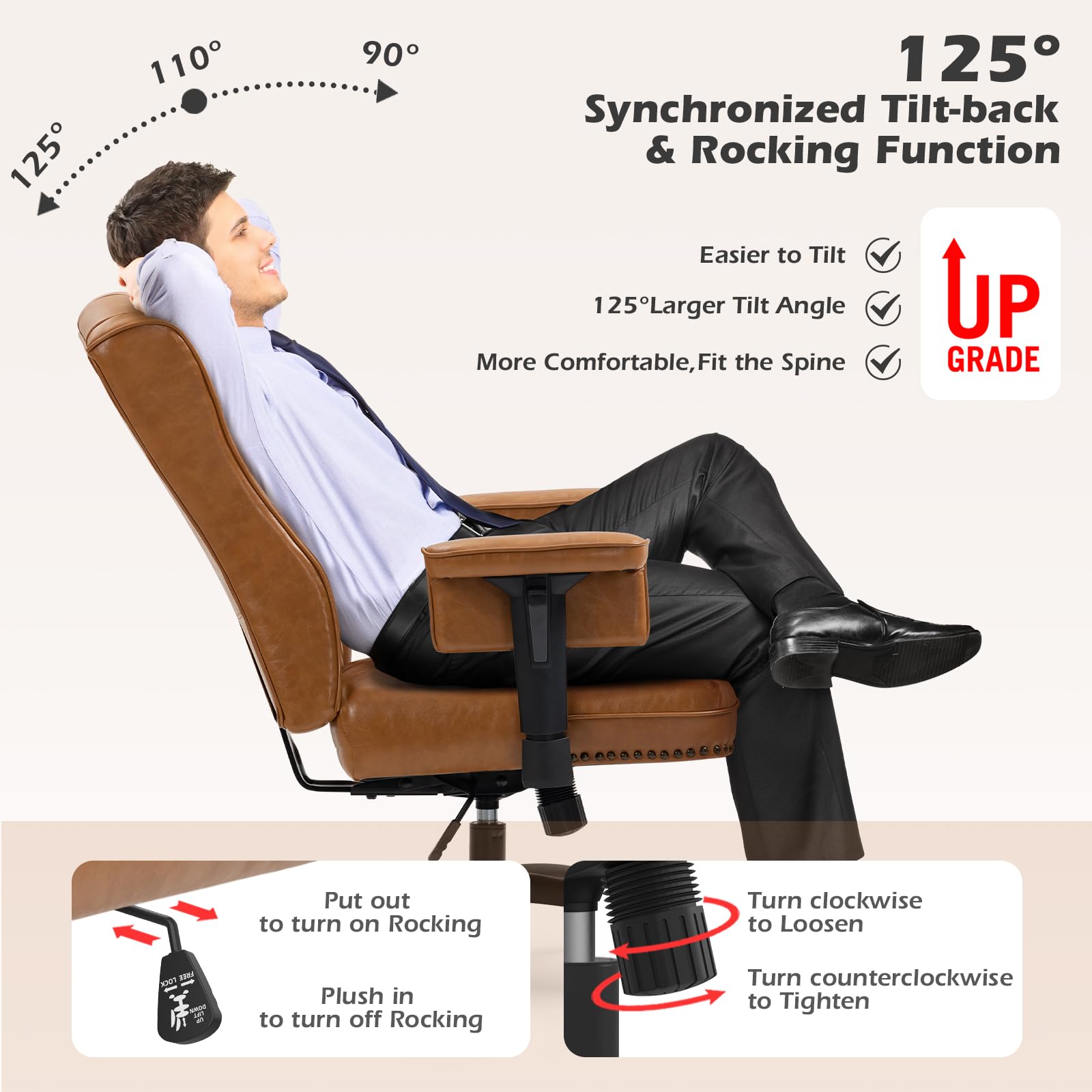 YAMASORO Ergonomic Executive Office Chair with Rubber Wheels & Adjustable Armrests - PU Leather Home Office Desk Chair, Comfortable Computer Chair for Adults (Camel) - Perfect for Long Work Hours & Home Office Setup