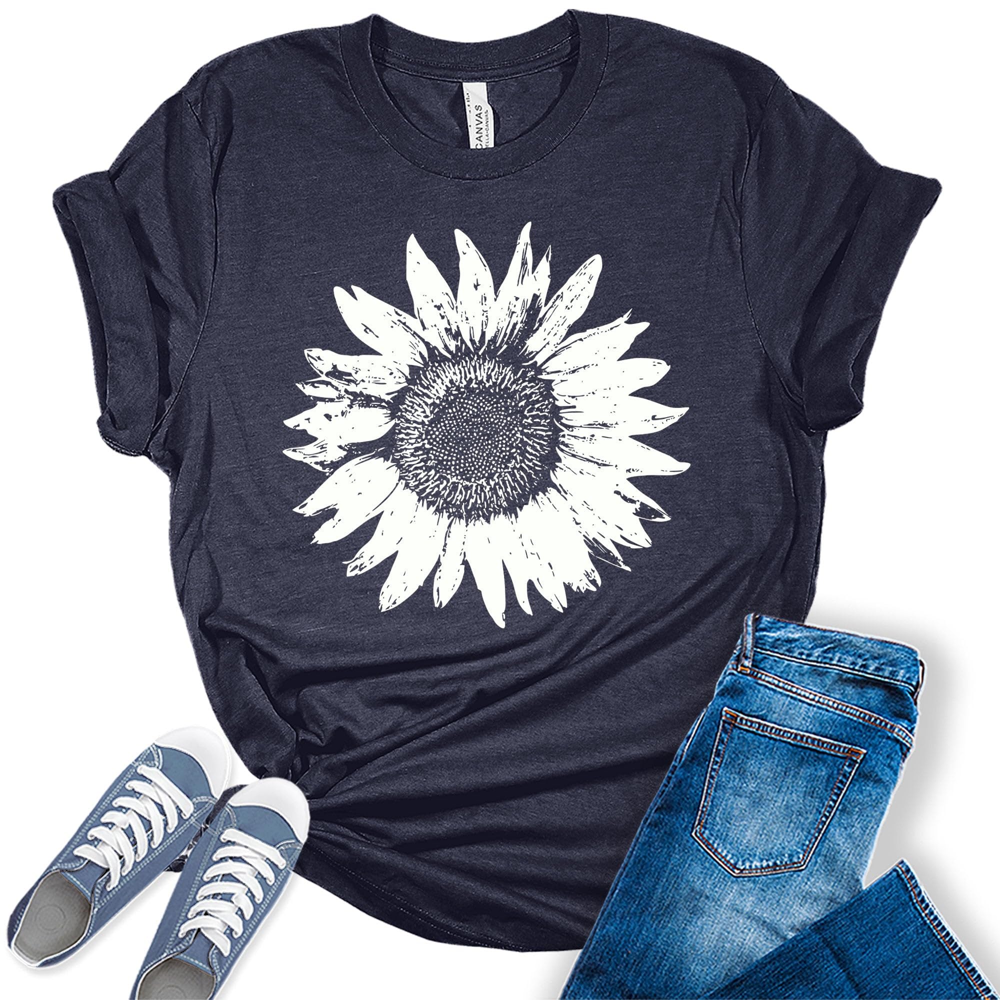 Women's Vintage Sunflower Graphic Printed Short Sleeve Cotton T-Shirt - Cute Summer Tee for Casual Wear, Beach Outings & Music Festivals