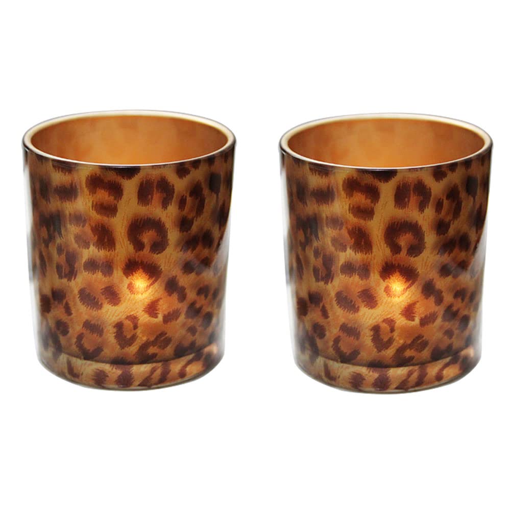 2 Pack Glass Tealight Candle Holders - Cheetah Print Votive Cups for Home Decor, Table Centerpiece, Romantic Dinner, Bedroom Ambiance - Perfect for Christmas, Valentine's Day & Wedding Decorations