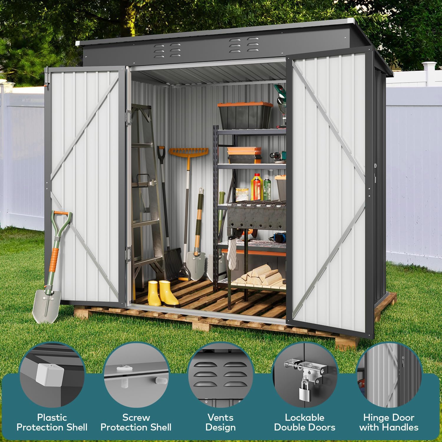 Gizoon 6x4 Feet Outdoor Storage Shed - Heavy Duty Metal Garden Shed with Double Lockable Doors, Waterproof & Anti-Rust Design for Backyard, Patio, Lawn (Dark Gray) - Perfect for Storing Tools, Equipment & Seasonal Items