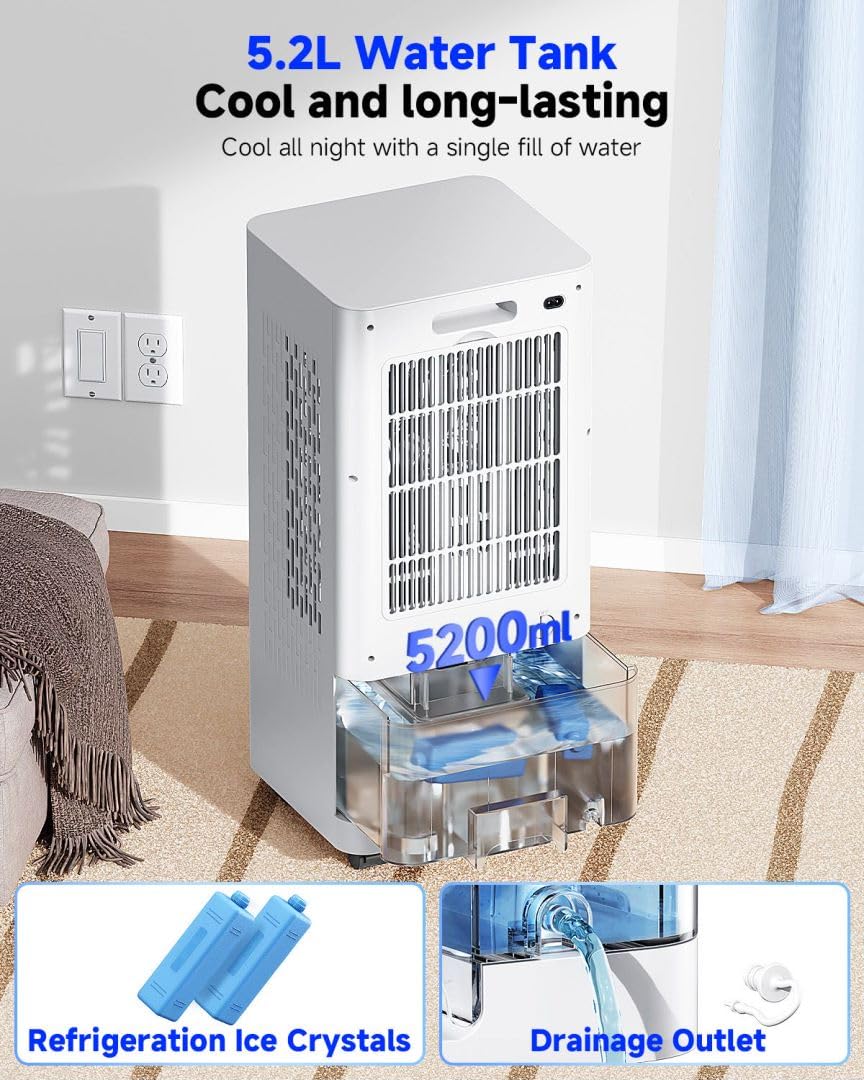 Portable Air Conditioner Fan with Water Cooling - 70W Evaporative Cooler, 24H Timer, 3 Speed Modes, 120° Oscillation & Remote Control - Includes 2 Cooling Pads for Home, Office, and Outdoor Use