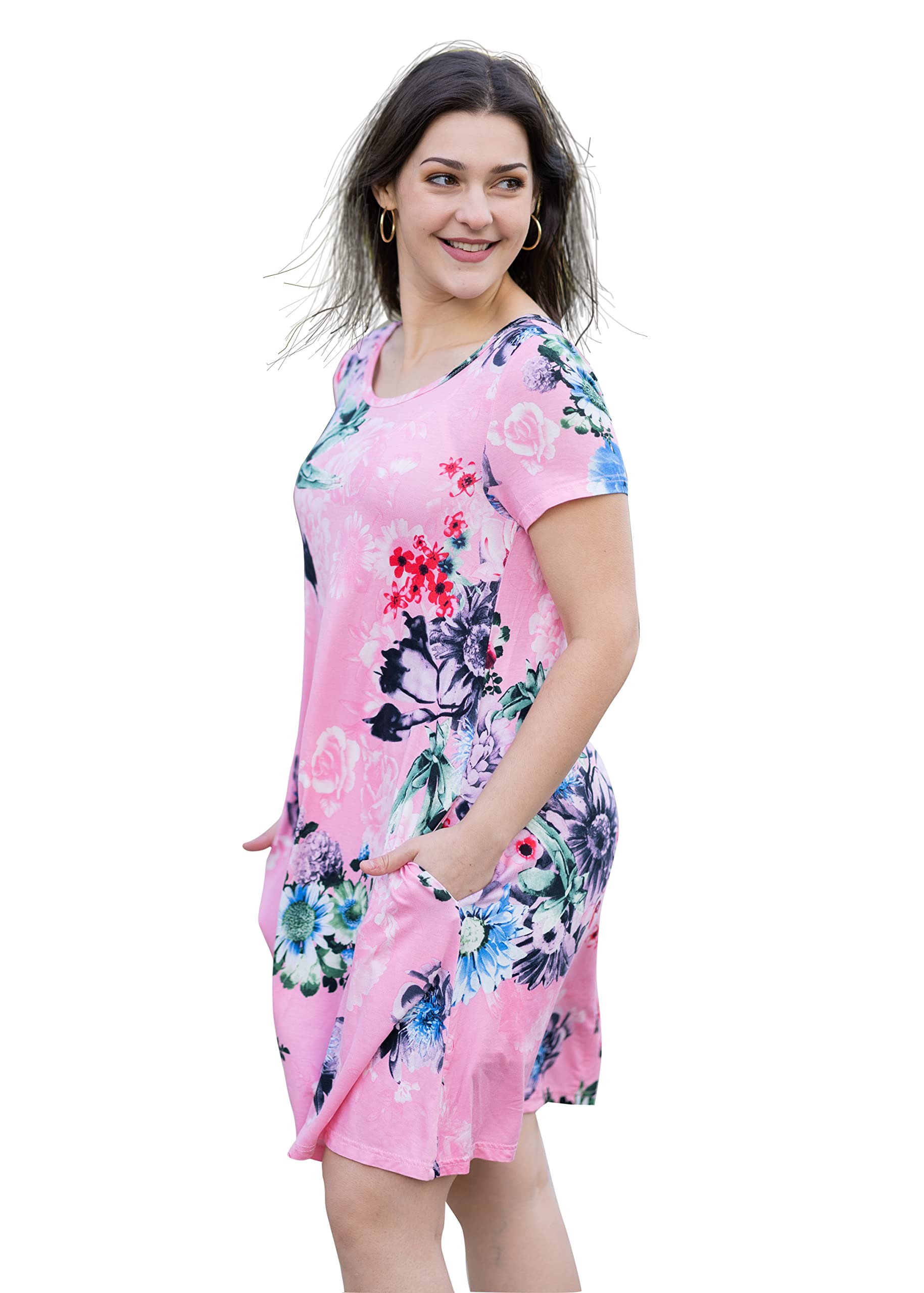 Women's Casual Short Sleeve Swing T-Shirt Dress with Pockets - Comfortable Crewneck Summer Dress for Outing, Travel & Daily Wear