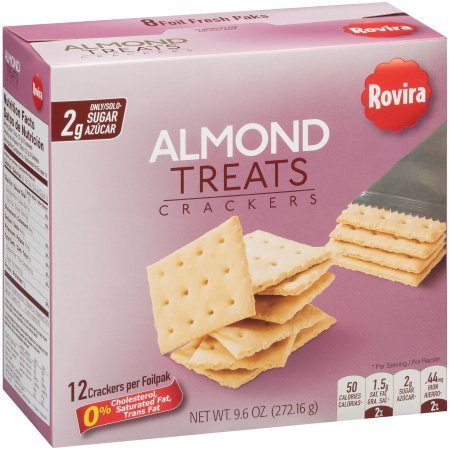 Rovira Almond Treats Crackers - 8 Individually Wrapped Foil Fresh Packs (9.6 oz Box) - Healthy Snack for Office, School & Travel - Gluten-Free Crunchy Biscuits