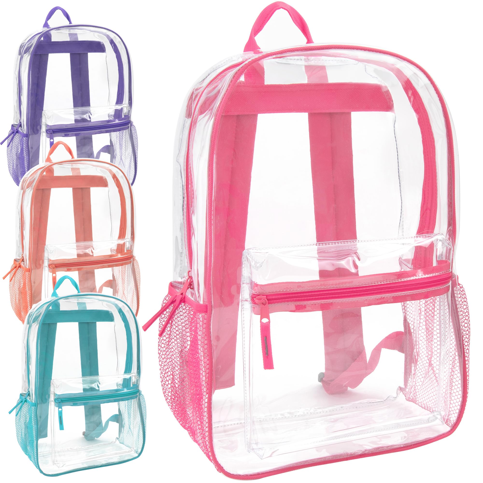 24 Pack Bulk Clear Backpacks Wholesale - Transparent School Backpacks for Boys & Girls, Stadium Approved, Travel Essentials (Assorted Colors) - Perfect for Classroom, Concerts, Airports & Security Checkpoints