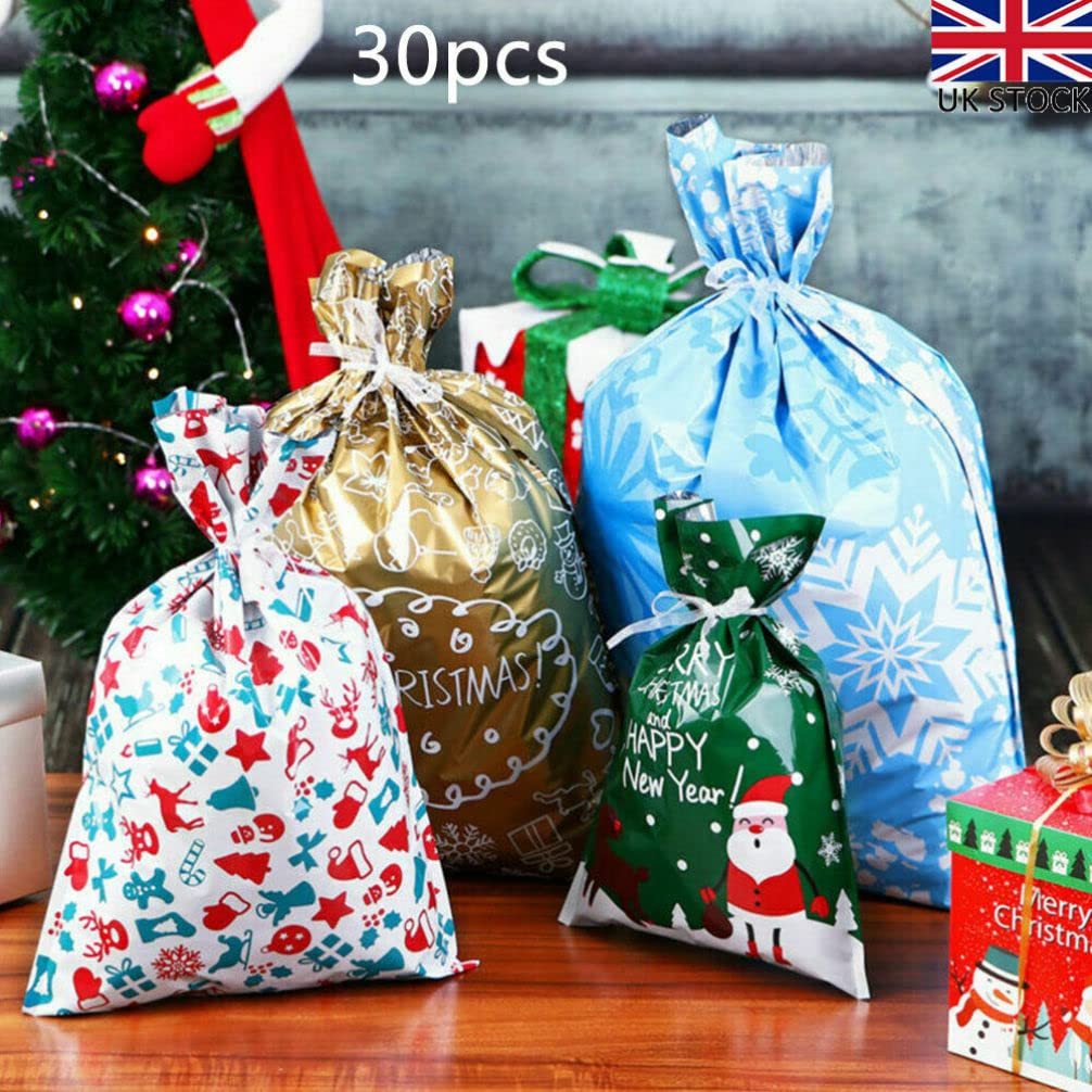 30Pcs Christmas Drawstring Bags Set - Holiday Party Favor Bags, Treat & Candy Wrapping Bags for Xmas Gifts, Stocking Stuffers, Classroom Rewards & Secret Santa Gifts