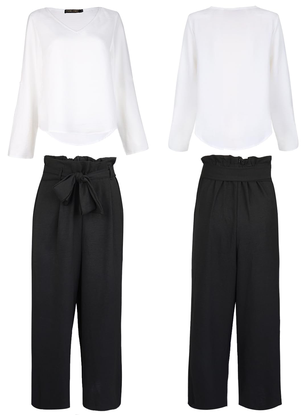 FANCYINN Women's 2-Piece Outfit Set - V-Neck Long Sleeve Blouse & High Waisted Paper Bag Pants with Belt | Casual Office Wear & Spring Fashion Outfits