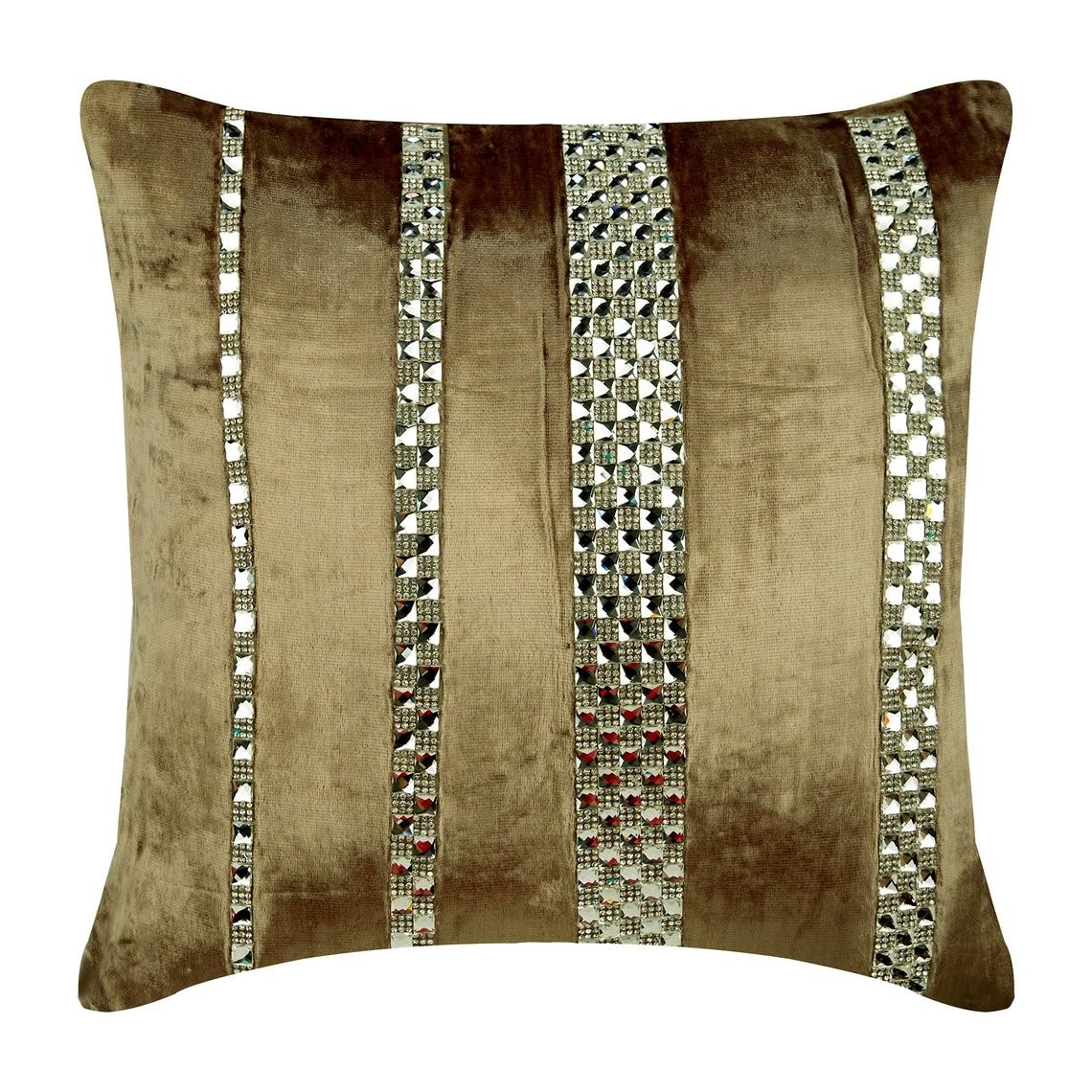 16x16 Inch Velvet Striped Throw Pillow Cover with Zipper - Beige Modern Designer Cushion Case for Sofa, Bed & Home Decor - Easter Gift Idea - City of Silver Collection