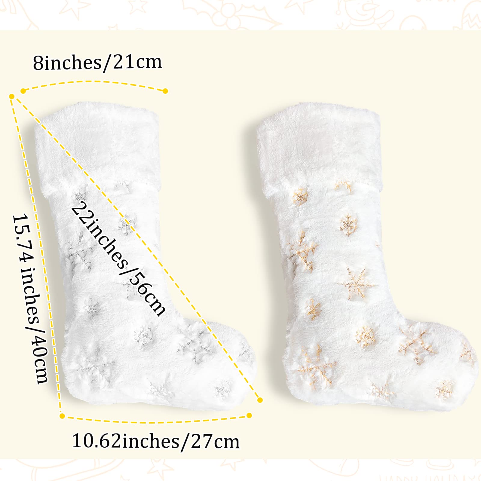2 Pack Personalized Christmas Stockings with Names - 22 Inch Custom Embroidery Faux Fur Holiday Stockings in White with Gold/Silver Snowflake Designs - Perfect for Fireplace Mantel, Xmas Tree Decorations & Holiday Party Decor