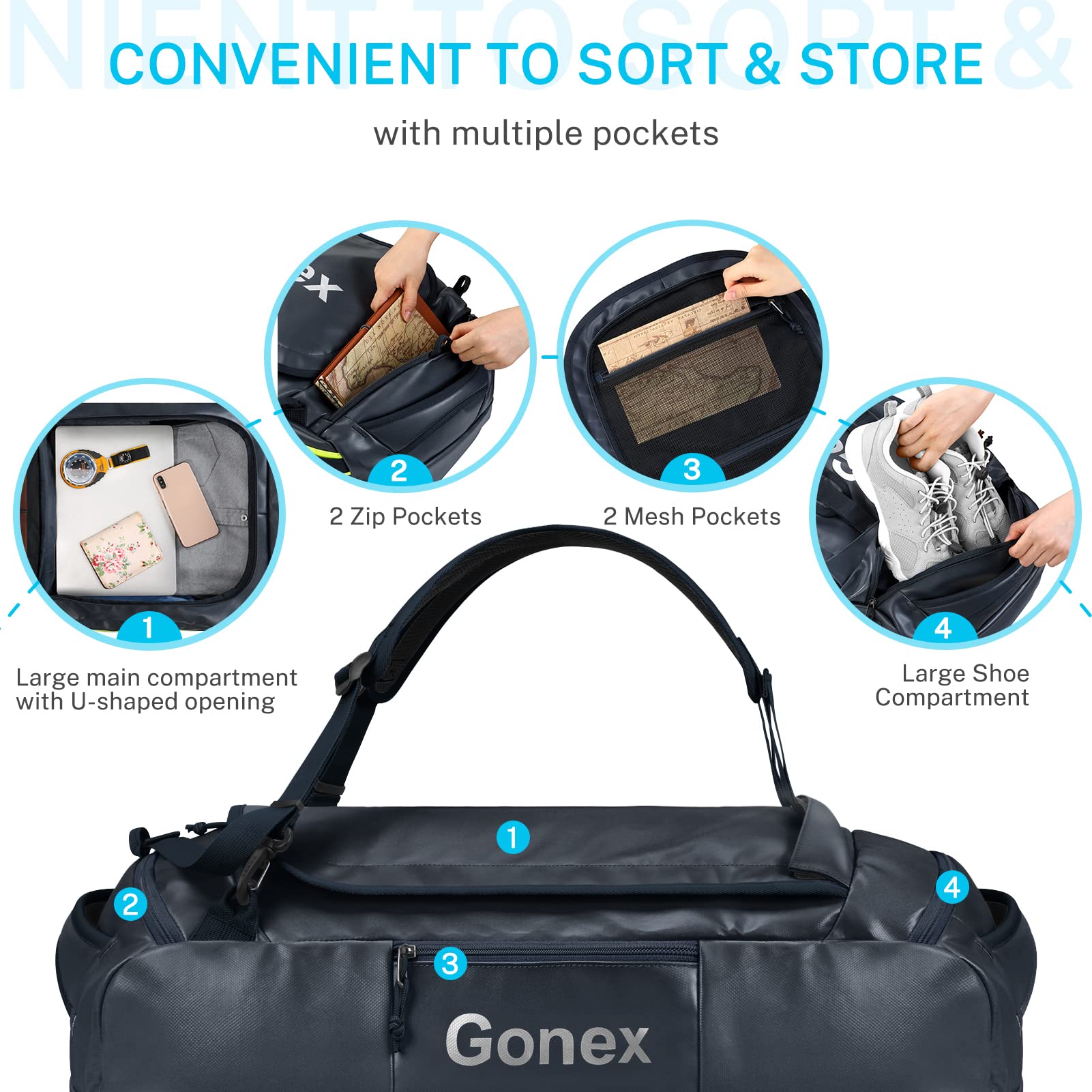 Gonex 80L Waterproof Duffel Bag Backpack - Convertible Gym Backpack & Travel Handbag for Men & Women - Ideal for Hiking, Camping, Cycling & Air Travel - Dark Blue
