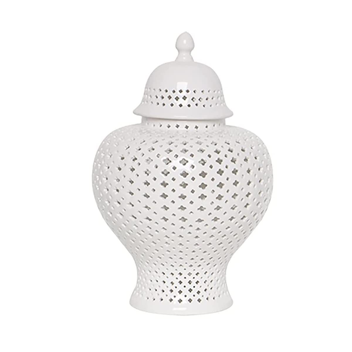 Traditional Perforated Ginger Jar with Lid - Hand-Carved Lattice Design Temple Jar - White Ceramic Decorative Vase for Home Decor (Medium Size) - Perfect for Living Room Centerpiece, Shelf Display & Wedding Decor