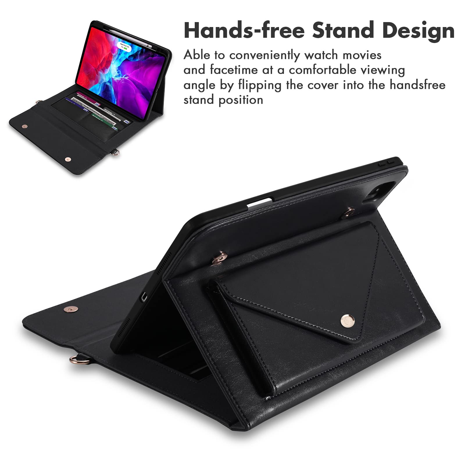 Dteck Premium PU Leather iPad Pro 11 Inch Case (1st-4th Gen) & iPad Air 11 Inch Case (4th-5th Gen) - Flip Stand Cover with Pencil Holder, Zipper Pocket & Strap - Protective Wallet Case in Black | Perfect for Business, Travel & Daily Use