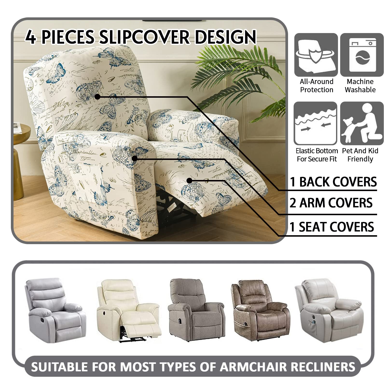 CRFATOP Recliner Chair Slipcover Set with Pockets - 4-Piece Stretchable Cover for Lazy Boy Recliners, Elastic Bottom (Fallon Collection) - Perfect for Living Room, Home Theater & Relaxation
