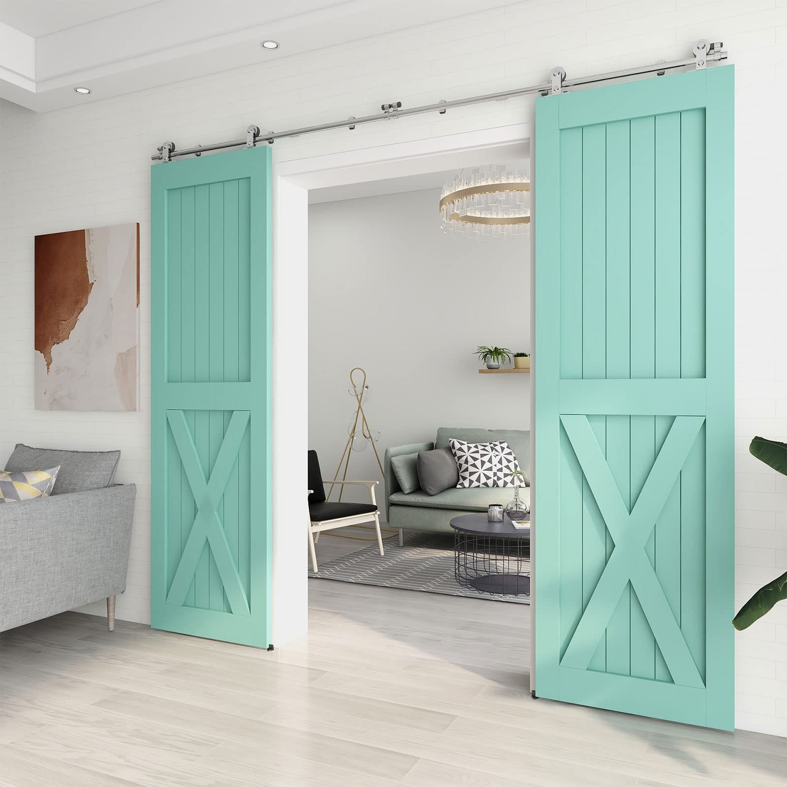TSMST 5FT Heavy Duty Stainless Steel Sliding Barn Door Hardware Kit - Top Mount T-Style Track for Double Wood Doors | Smooth & Quiet Operation | Perfect for Bedrooms, Closets, and Farmhouse Style Homes