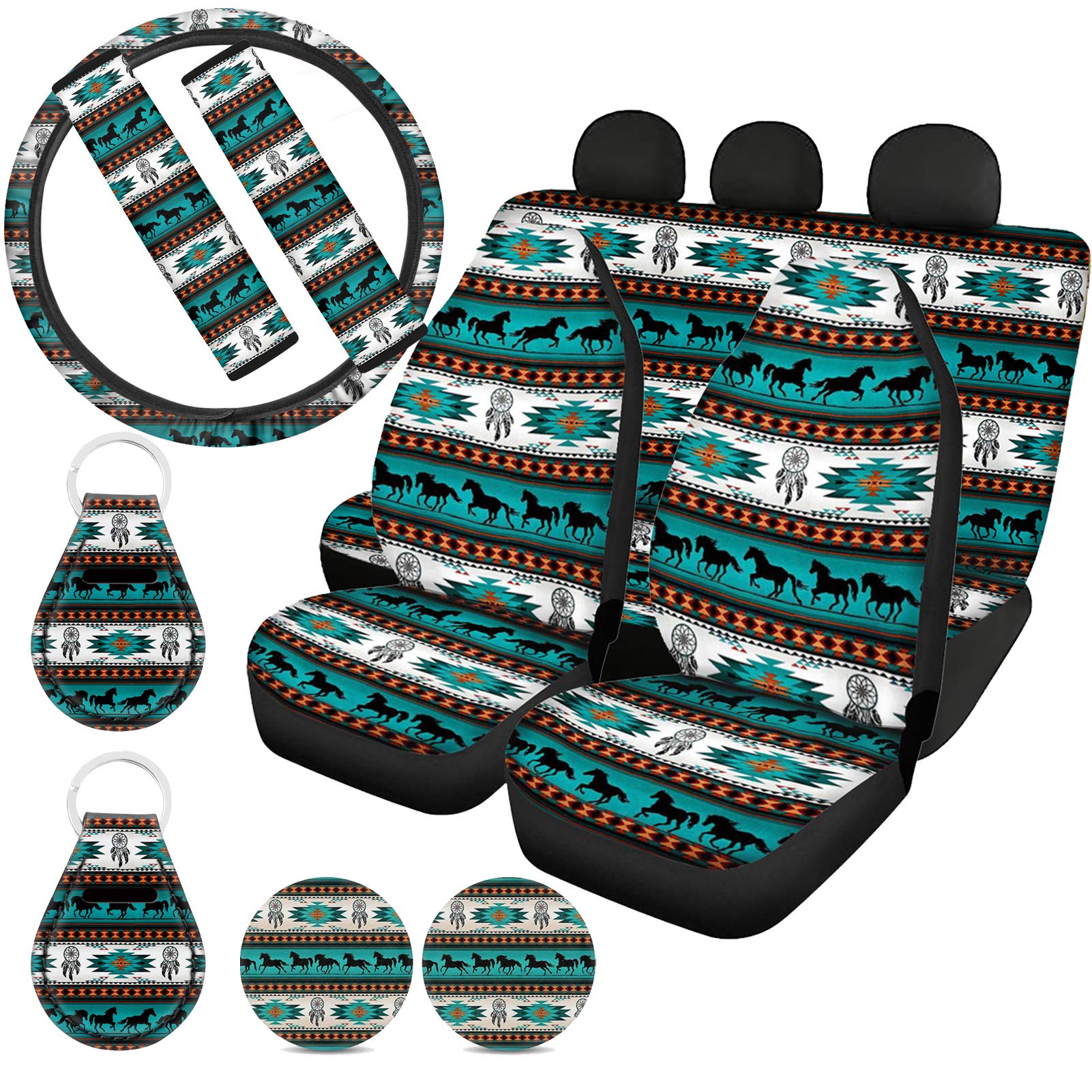 Boho Ethnic Horse Car Seat Cover Set - Dream Catcher Interior Accessories for Women & Men | Front & Rear Backseat Covers, Steering Wheel Cover, Seat Belt Cover, Coasters, Keychains | Perfect for Hippie, Festival & Vintage Car Decor