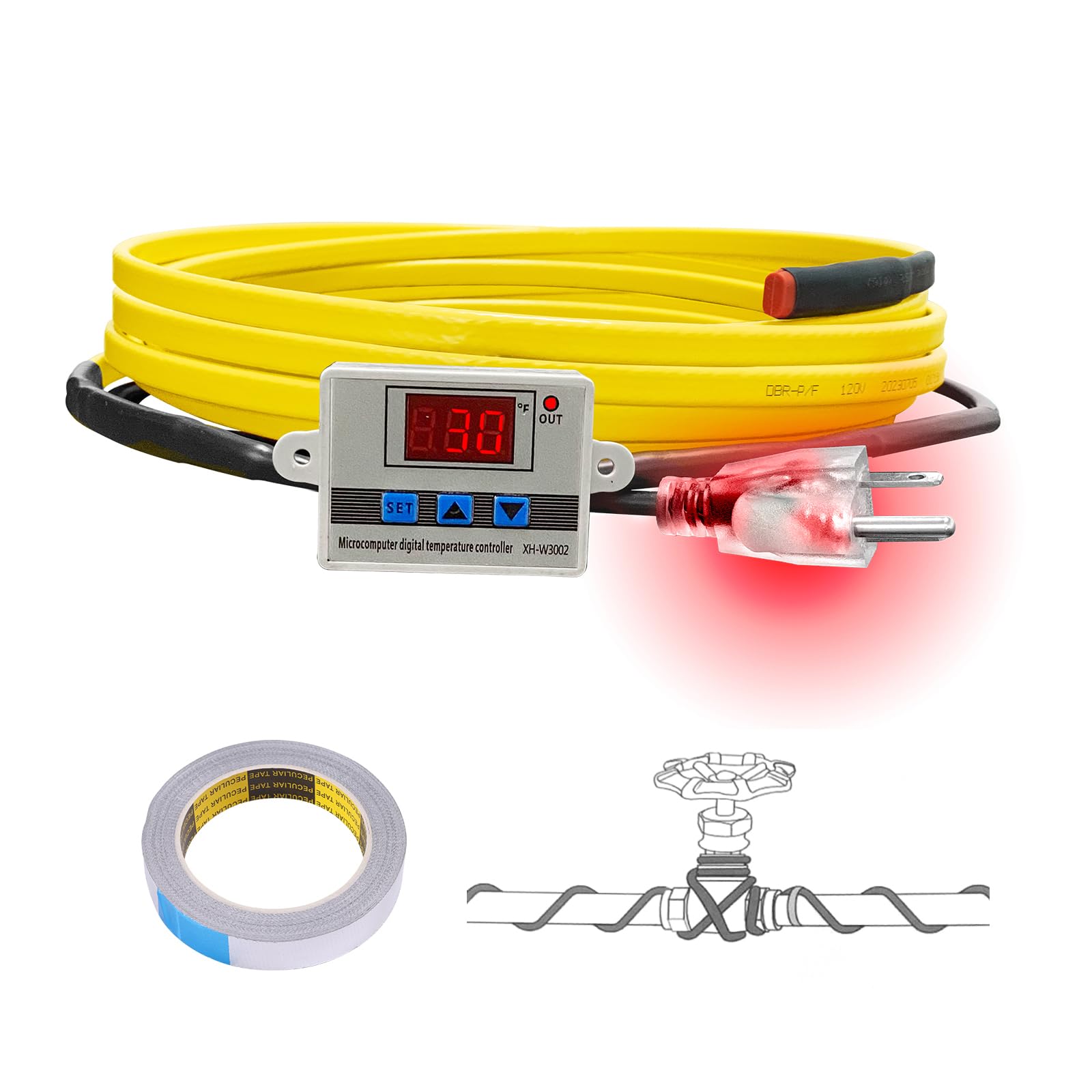 Self-Regulating Heat Tape for Water Pipes 6FT - Digital Display Thermostat, Freeze Protection & Roof Deicing Cable for Metal/Plastic Pipes, RV Water Hose - Perfect for Home, RV & Outdoor Winter Pipe Protection