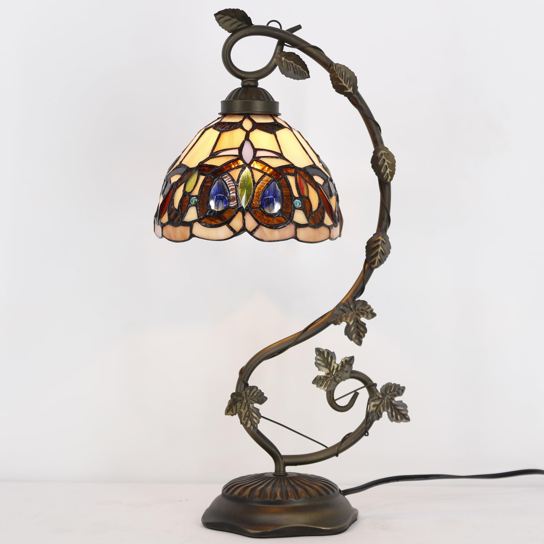 WERFACTORY Tiffany Style Stained Glass Table Lamp - Victorian Metal Leaf Base (8x10x21 Inches) - Desk Reading Light for Bedroom, Home Office & Small Spaces - Perfect for Study, Living Room & Nightstand Decor - S021 Series
