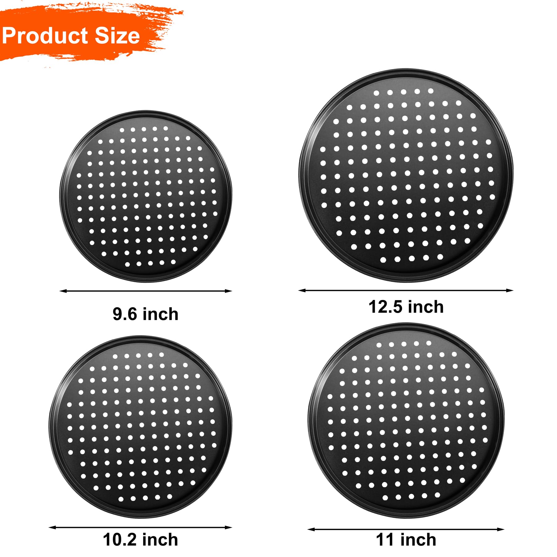 4-Piece Round Perforated Non-Stick Pizza Pan Set (9/10/11/12 Inch) - Perfect for Baking Crispy Crust Pizzas in Oven - Ideal for Home Kitchens, Restaurants & Pizza Parties