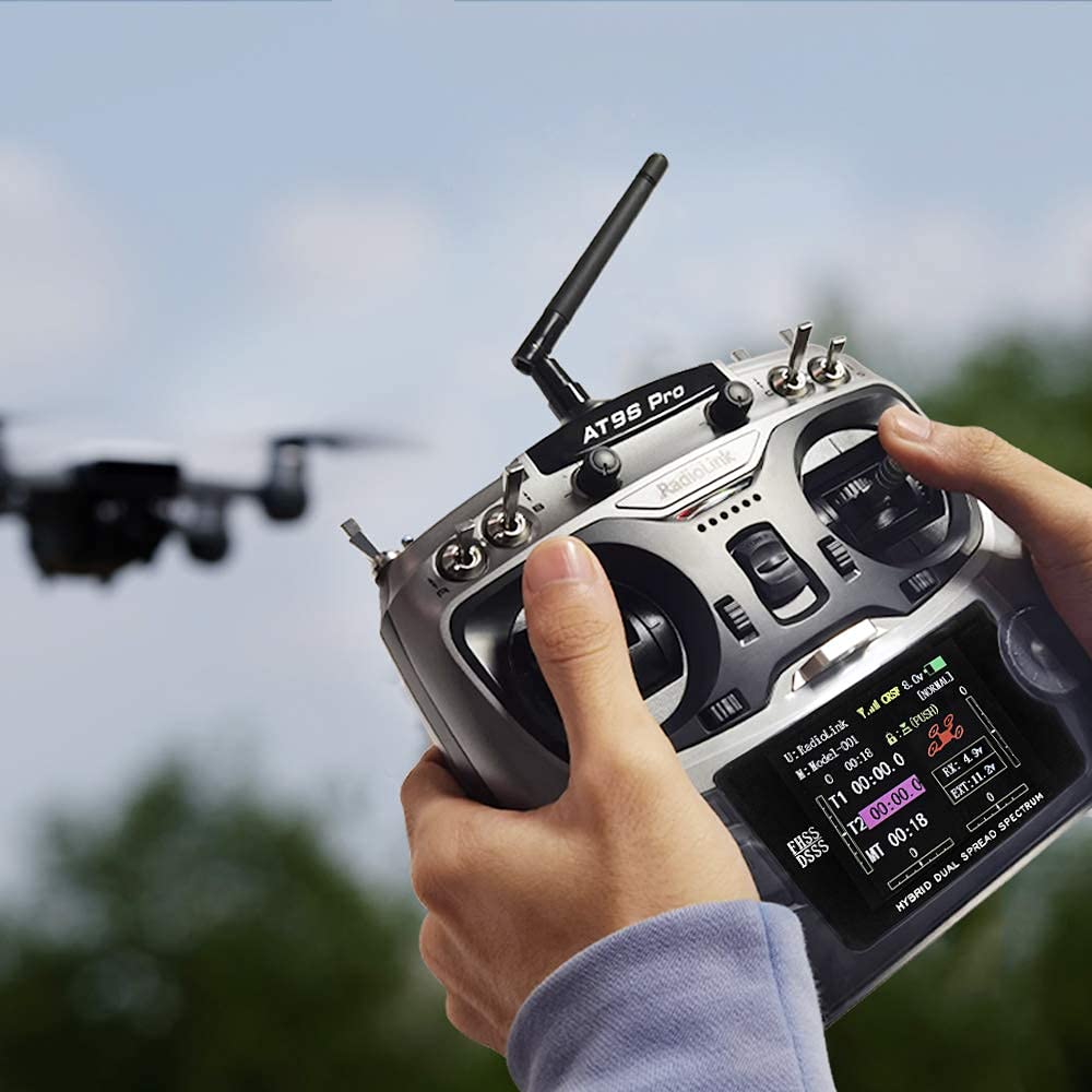 Radiolink AT9S Pro 10/12 Channel 2.4GHz RC Radio Transmitter with R9DS Receiver & PRM-01 Battery Telemetry Module - Mode 2 Left Hand for RC Airplanes, Drones, and RC Cars - Real-Time Battery Monitoring for Long-Range Flying