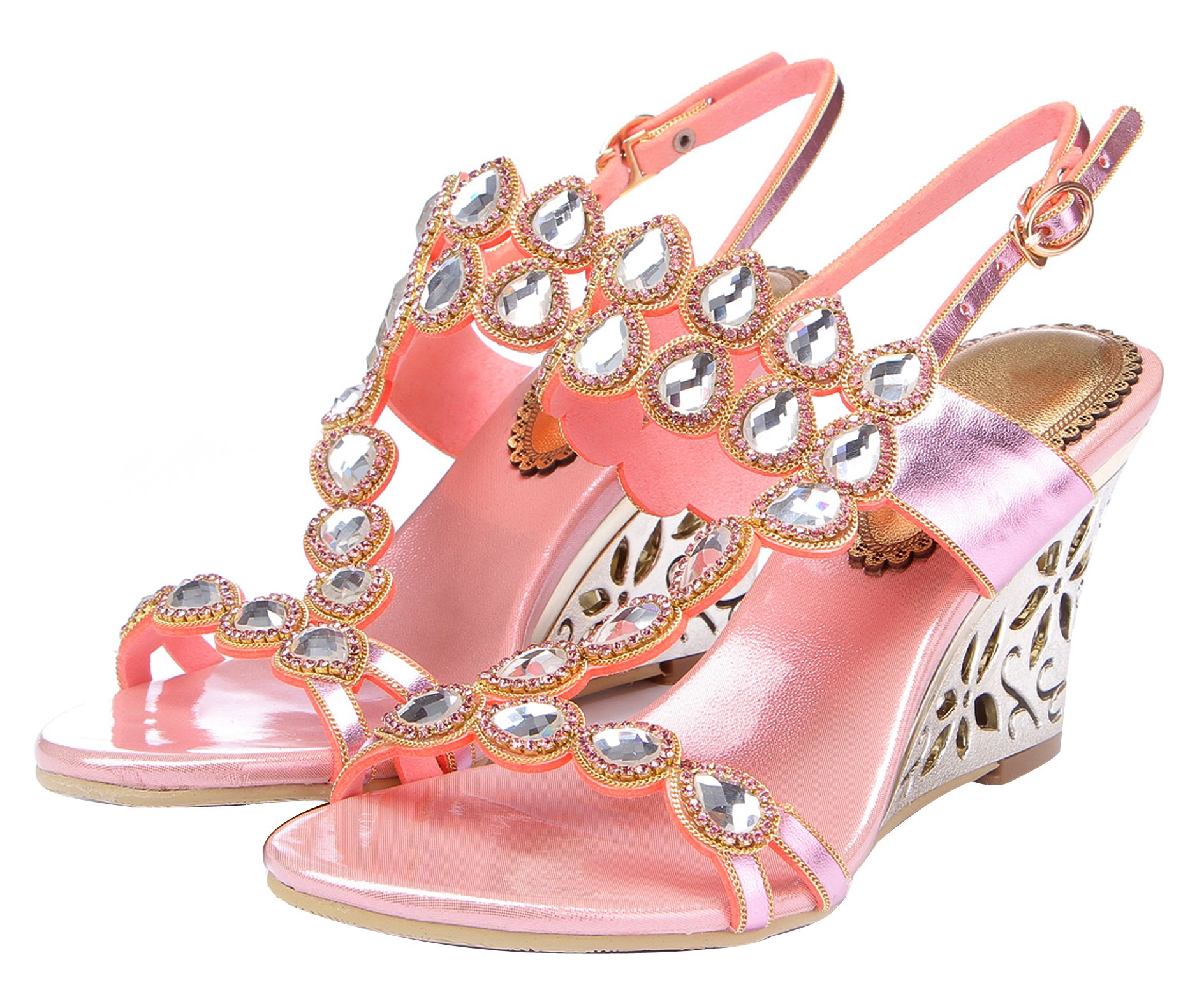 Honeystore Women's Rhinestone Strappy Wedge Sandals with Water Pattern - Comfortable Summer Beach Shoes for Outdoor Walking, Vacation & Party Wear