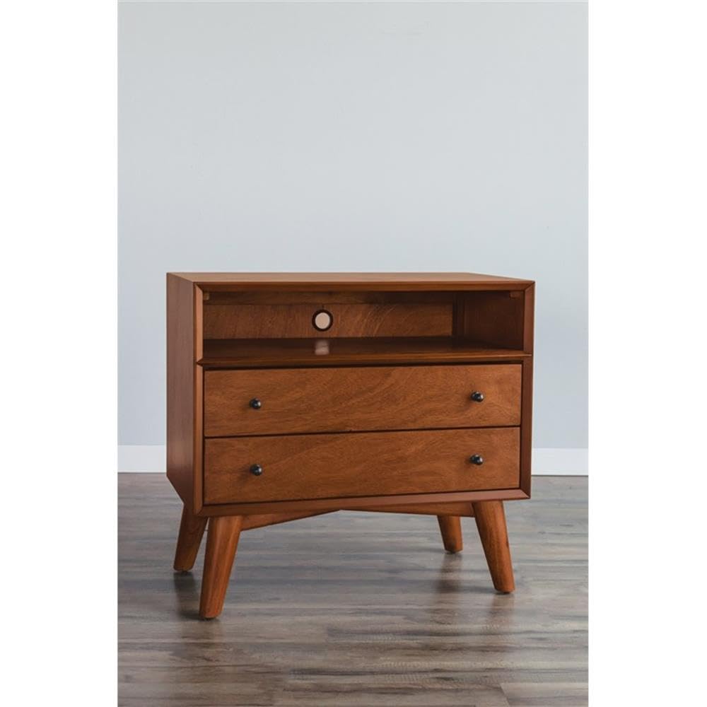 Alpine Furniture Flynn Nightstand in Acorn Finish - 28 x 15 x 26 Inches - Modern Bedside Table for Bedroom, Guest Room & Nursery - Compact Nightstand with Storage Shelf