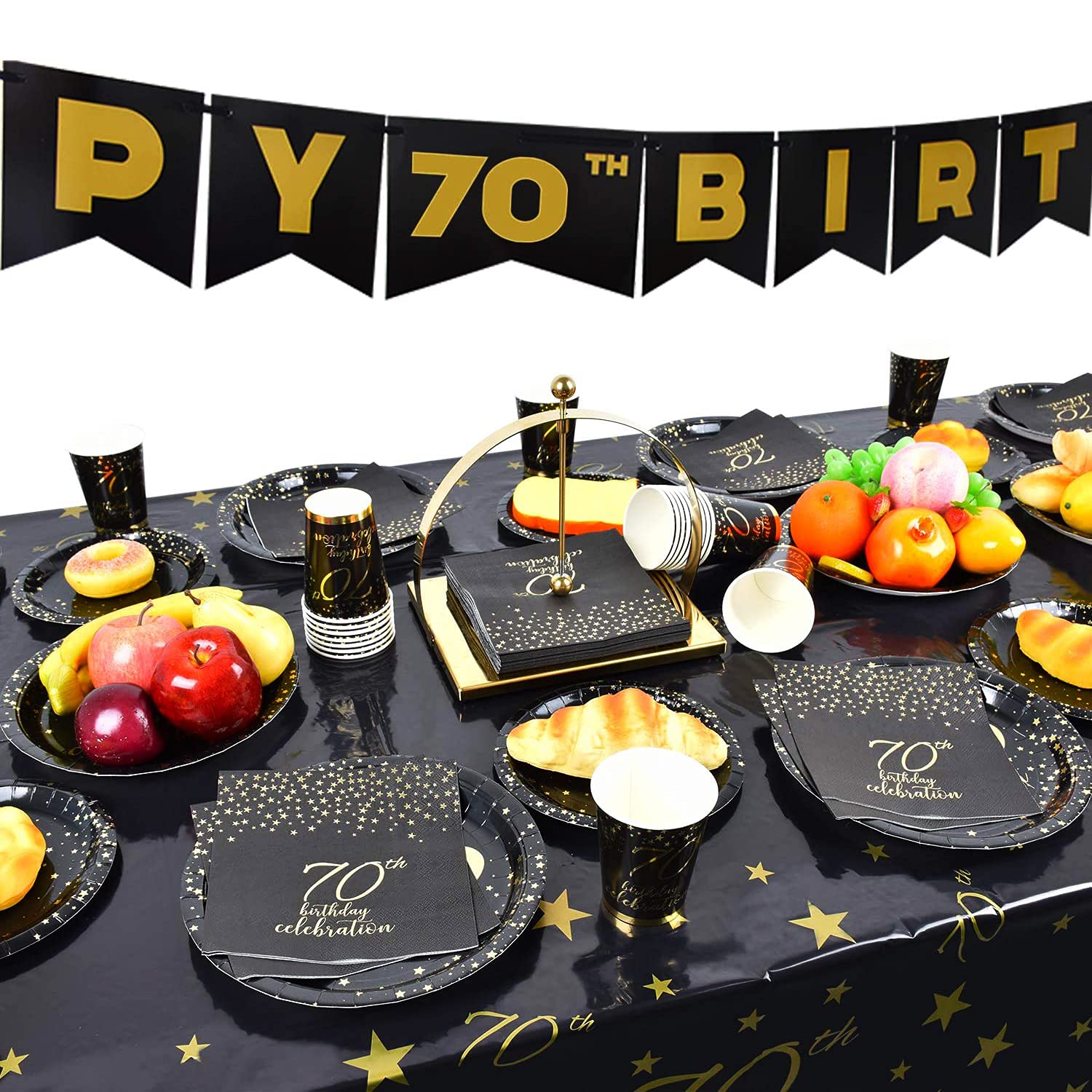 Gatherfun 70th Birthday Party Supplies Set - 25-Pack Disposable Paper Plates, Napkins, Cups, Cutlery & Tablecloth with Black & Gold Number 70 Balloons & Banner - Elegant 70th Birthday Decorations for Men & Women - Perfect for Milestone Celebrations & Retirement Parties