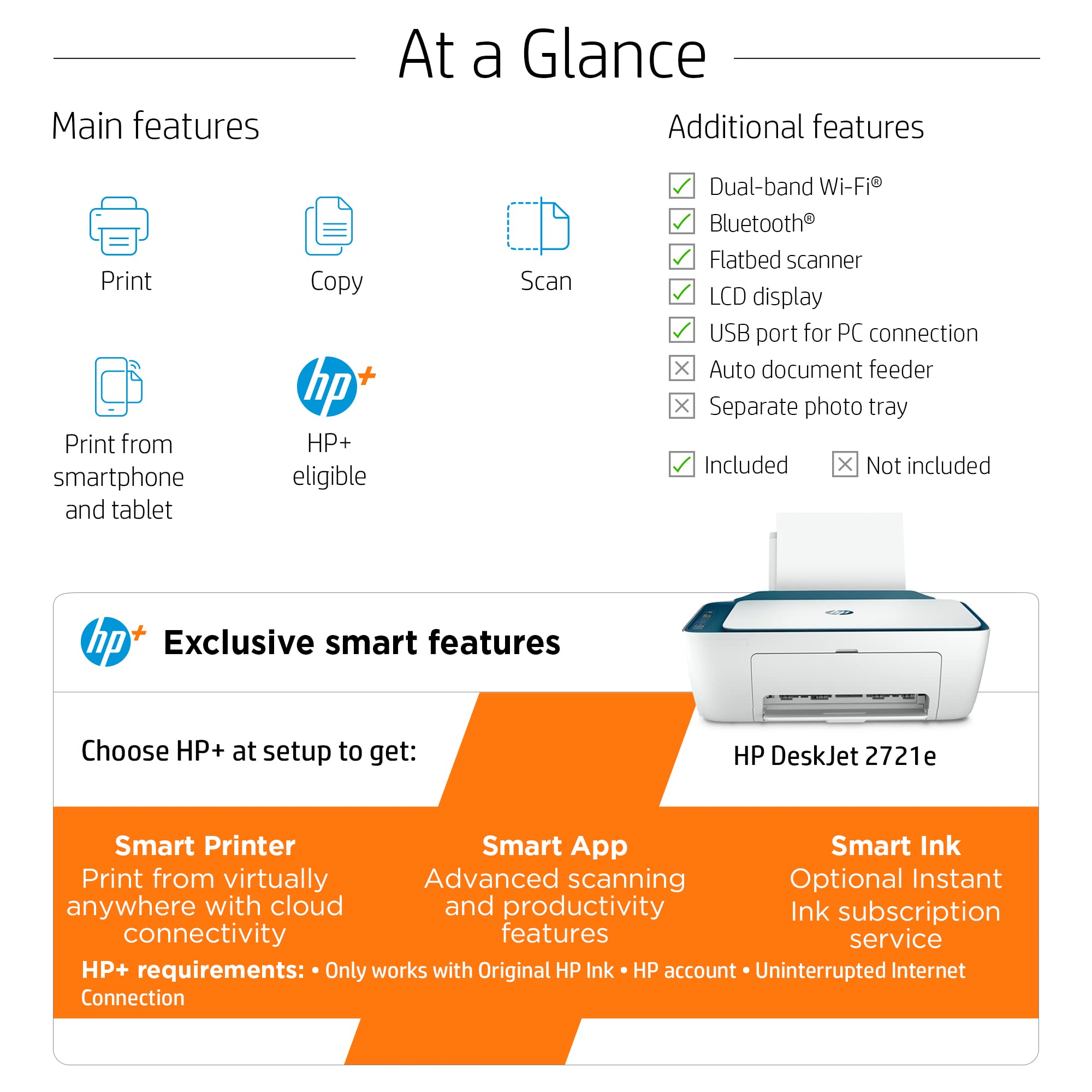HP DeskJet 2721e All-in-One Wireless Color Printer with 6 Months Instant Ink | HP+ Enabled | Compact Home & Office Printer for Documents, Photos | White & Blue Design | Perfect for Remote Work & School Projects