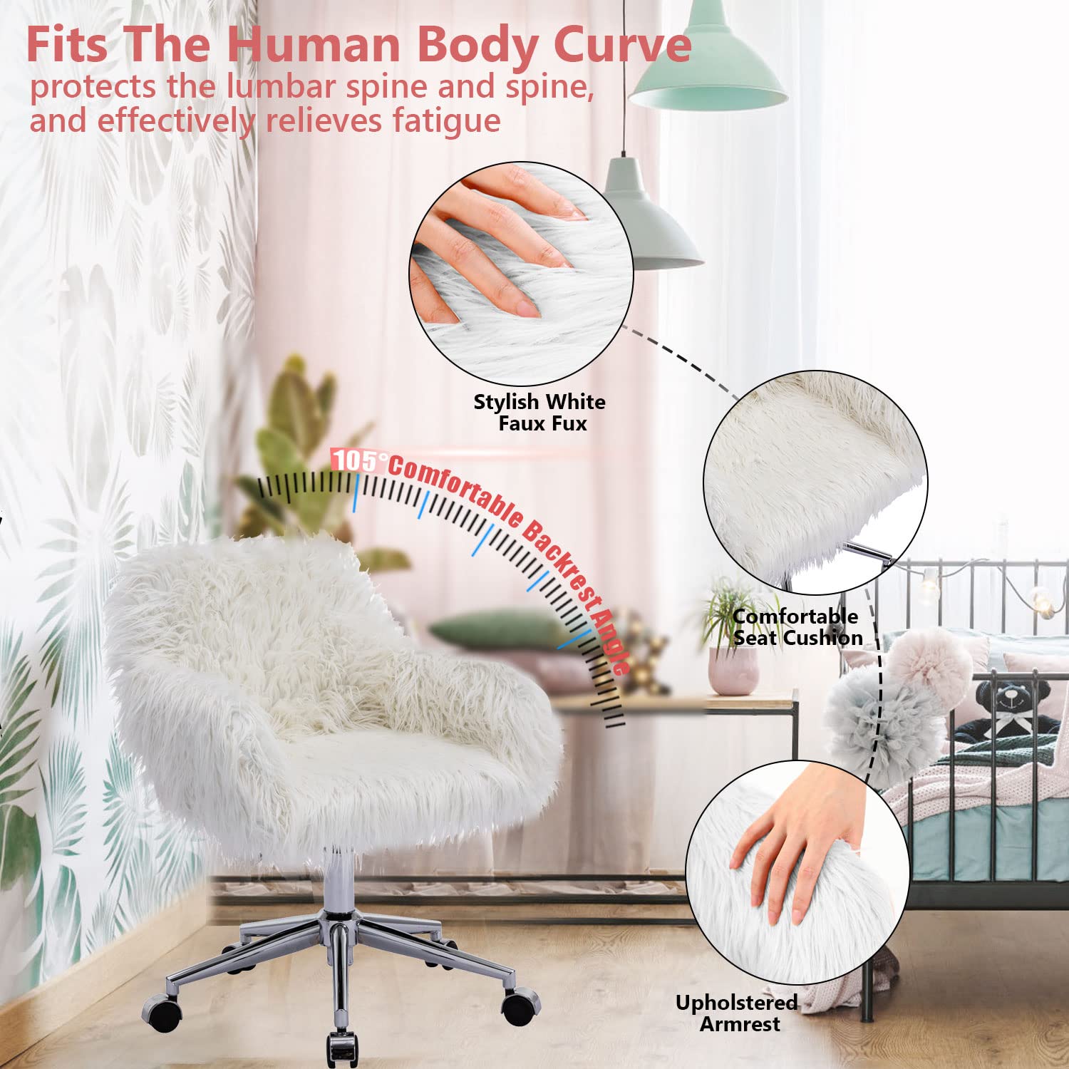 Luxury Faux Fur Vanity Chair with Rolling Wheels & Armrest - Modern Accent Chair for Women, Girls, Home Office, Living Room & Bedroom - Soft Furry Makeup Desk Chair in White (Perfect for Dressing Tables, Home Offices & Cozy Reading Nooks)
