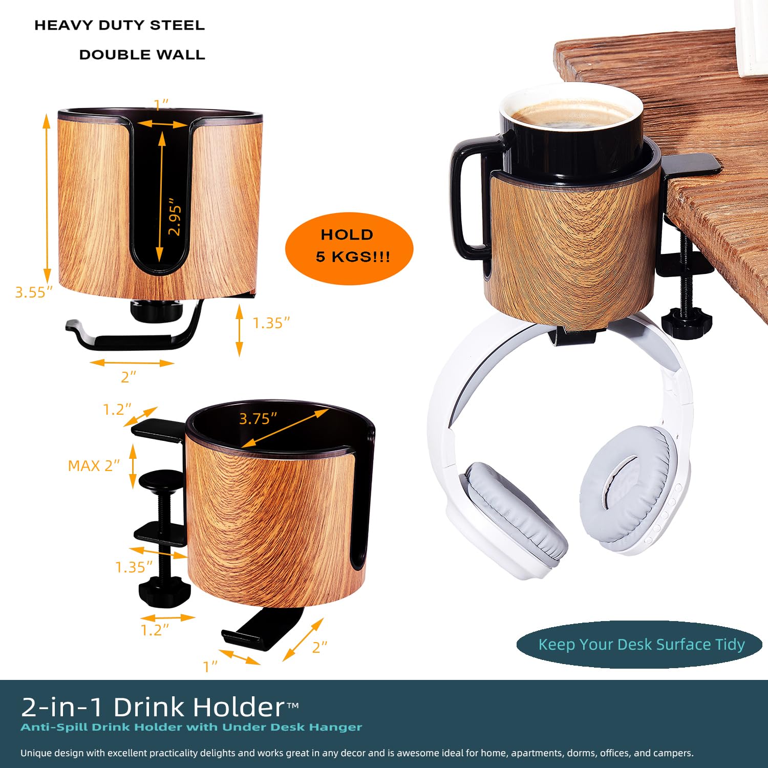 Premium 2-in-1 Desk Cup Holder & Organizer - Elegant Wooden Design for Coffee, Tea, Pens & Office Supplies | Perfect for Home Office, Study Desk & Workspace Organization