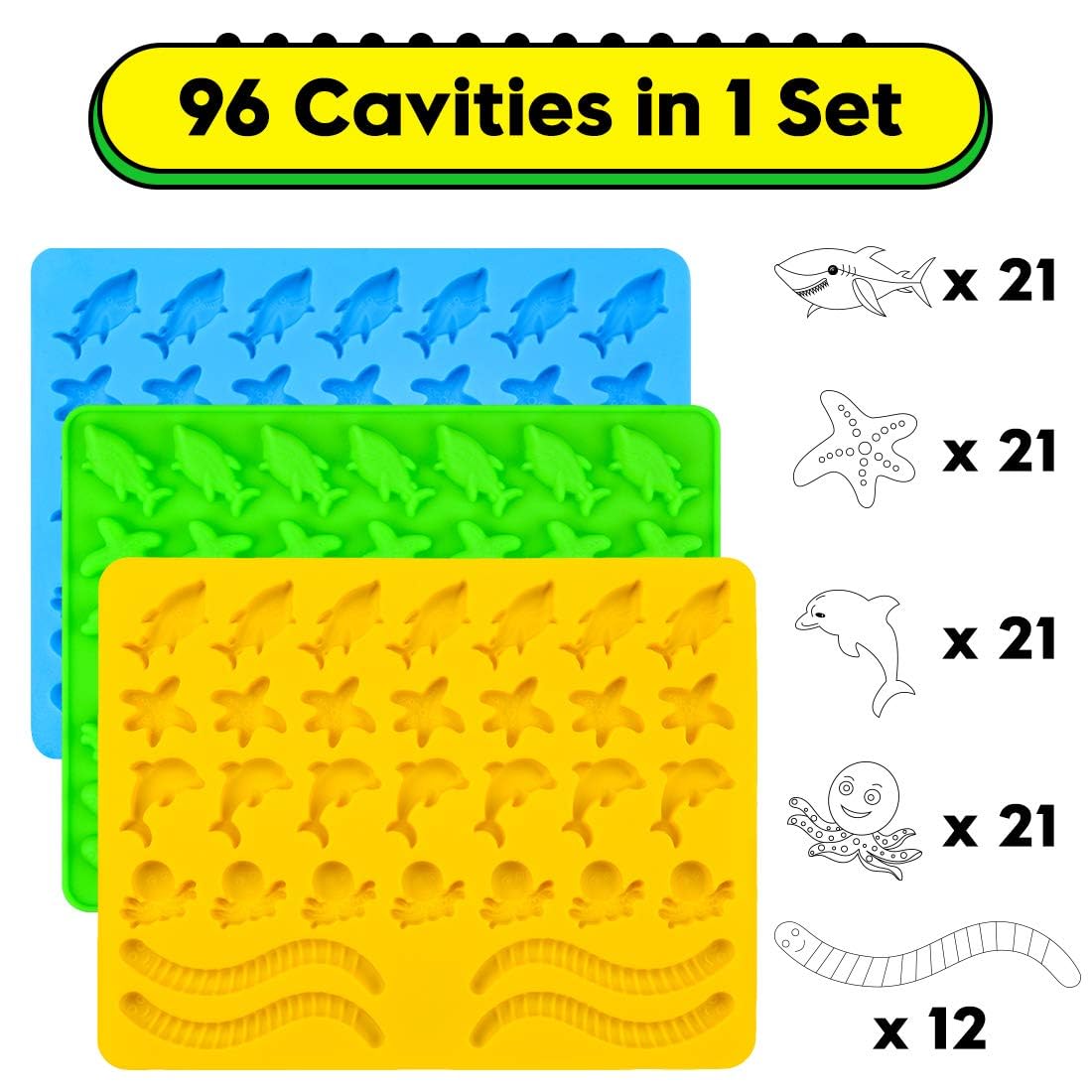Premium Silicone Gummy & Hard Candy Molds Set - 3-Pack Ocean Theme (Worms, Starfish, Dolphins, Octopus, Sharks) | BPA-Free, Pinch Test Approved | Perfect for DIY Candy Making, Birthday Parties & Baking Decorations