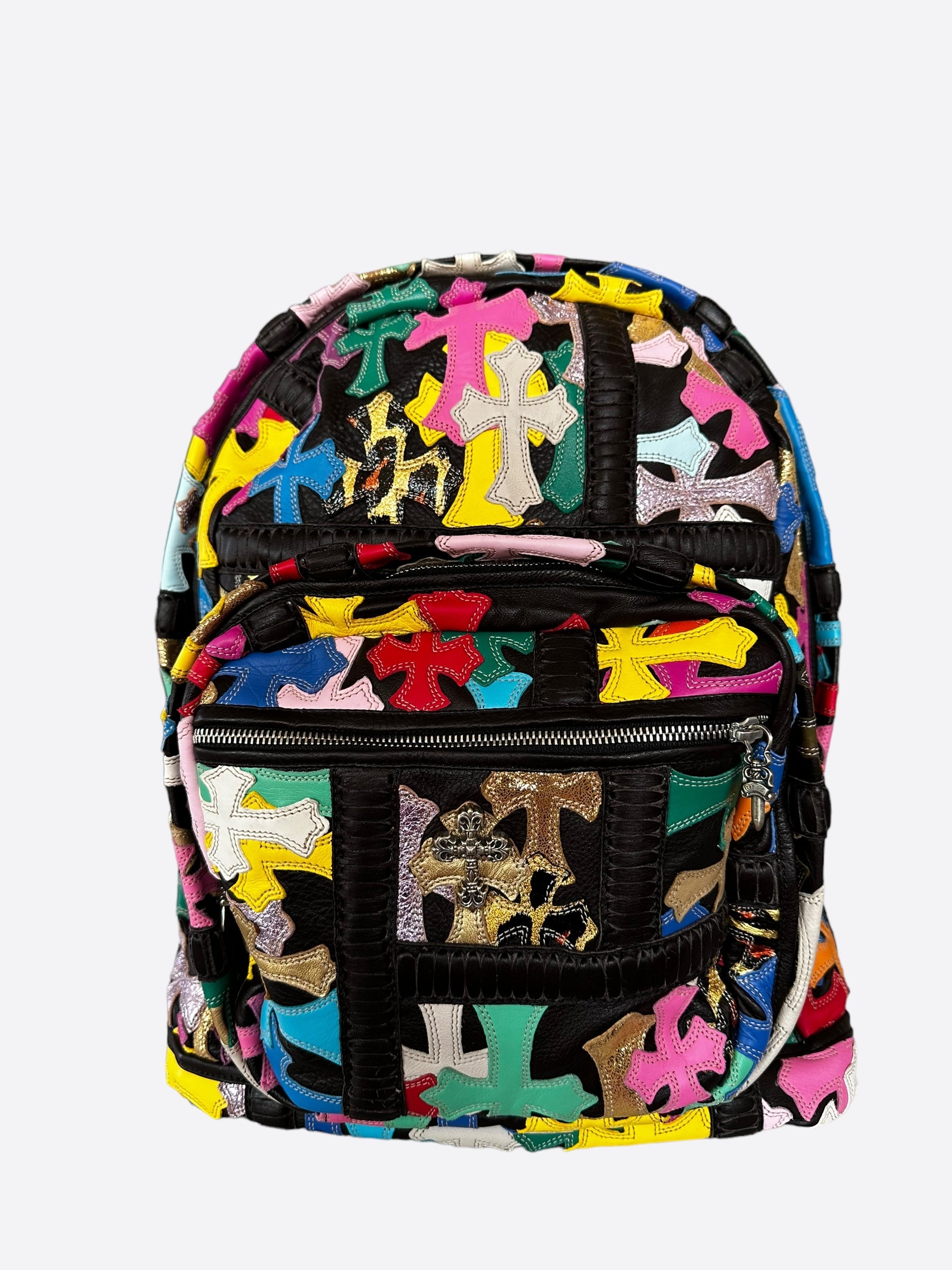 Chrome Hearts Black Multicolor Cross Patch Leather Backpack for Women & Men - Stylish Gothic Fashion Accessory for Travel, School & Daily Use