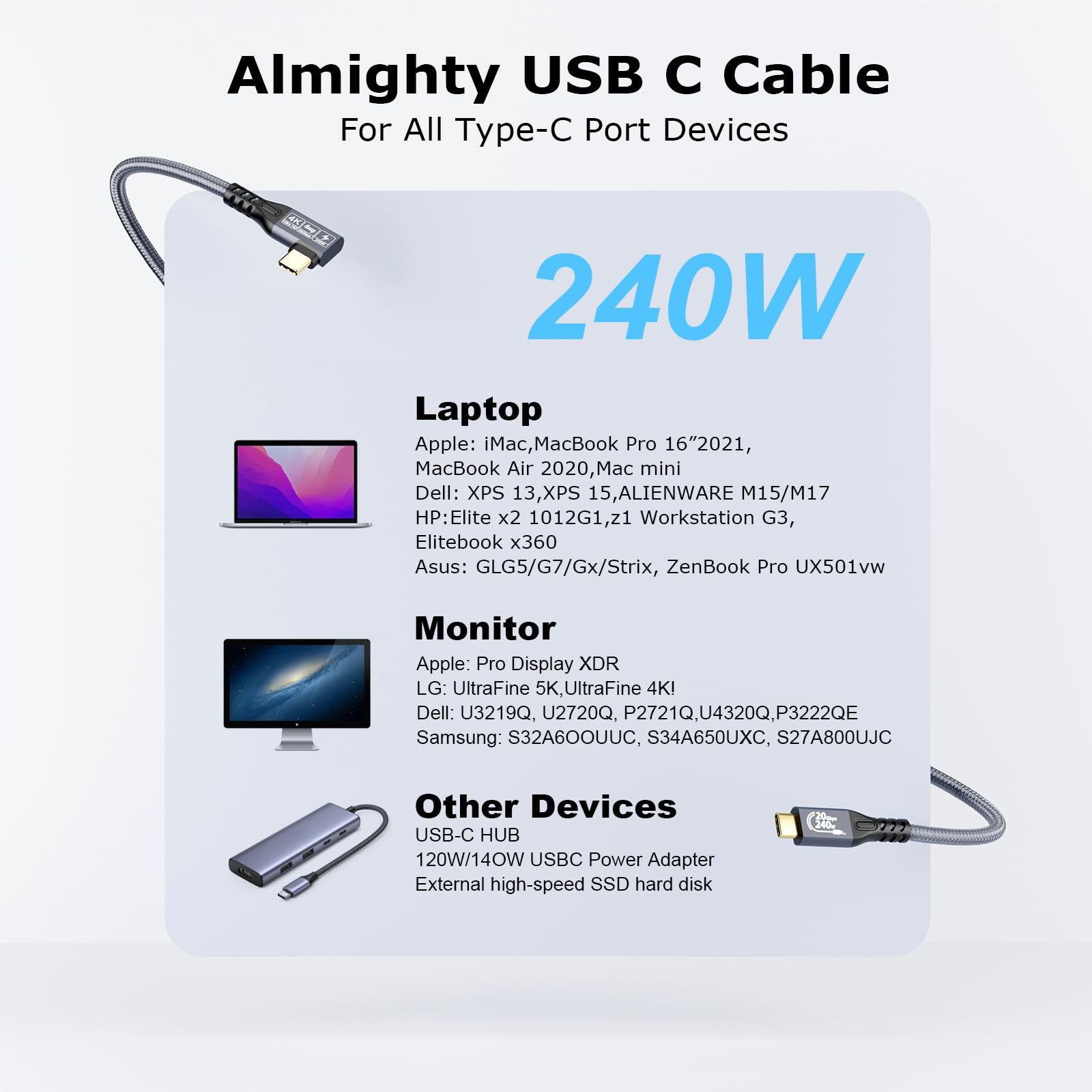 20Gbps USB C 3.2 Gen 2x2 Cable - 90 Degree Right Angle 4K@60Hz UHD Video, 240W PD3.1 Fast Charging Cord with E-Marker - Compatible with Thunderbolt 3/4, iPhone 15 Pro, MacBook (0.5M) - Perfect for Gaming, VR Headsets & High-Speed Data Transfer
