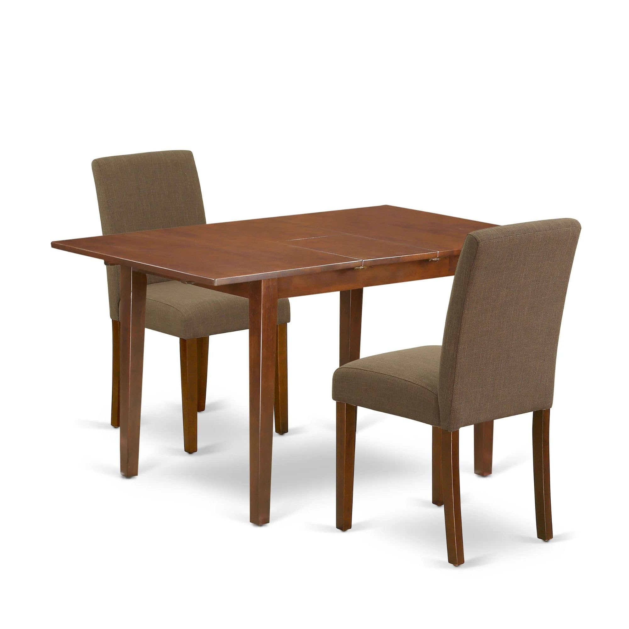 East West Furniture PSAB3-MAH-18 3-Piece Small Space Dinette Set with Extendable Rectangle Dining Table (32x60 Inch) & 2 Coffee Linen Fabric Parson Chairs - Mahogany Finish | Perfect for Apartments, Breakfast Nooks & Cozy Dining Areas