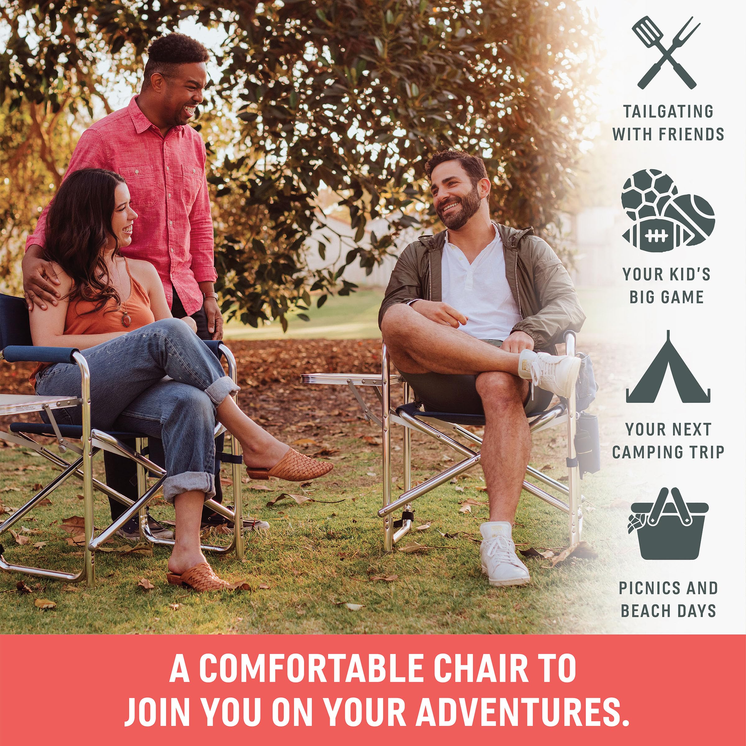 PICNIC TIME Sports Chair with Side Table - Portable Folding Camping Chair for Adults, Beach Chair with Cup Holder - Perfect for Outdoor Activities, Picnics, Camping & Beach Trips (Red)