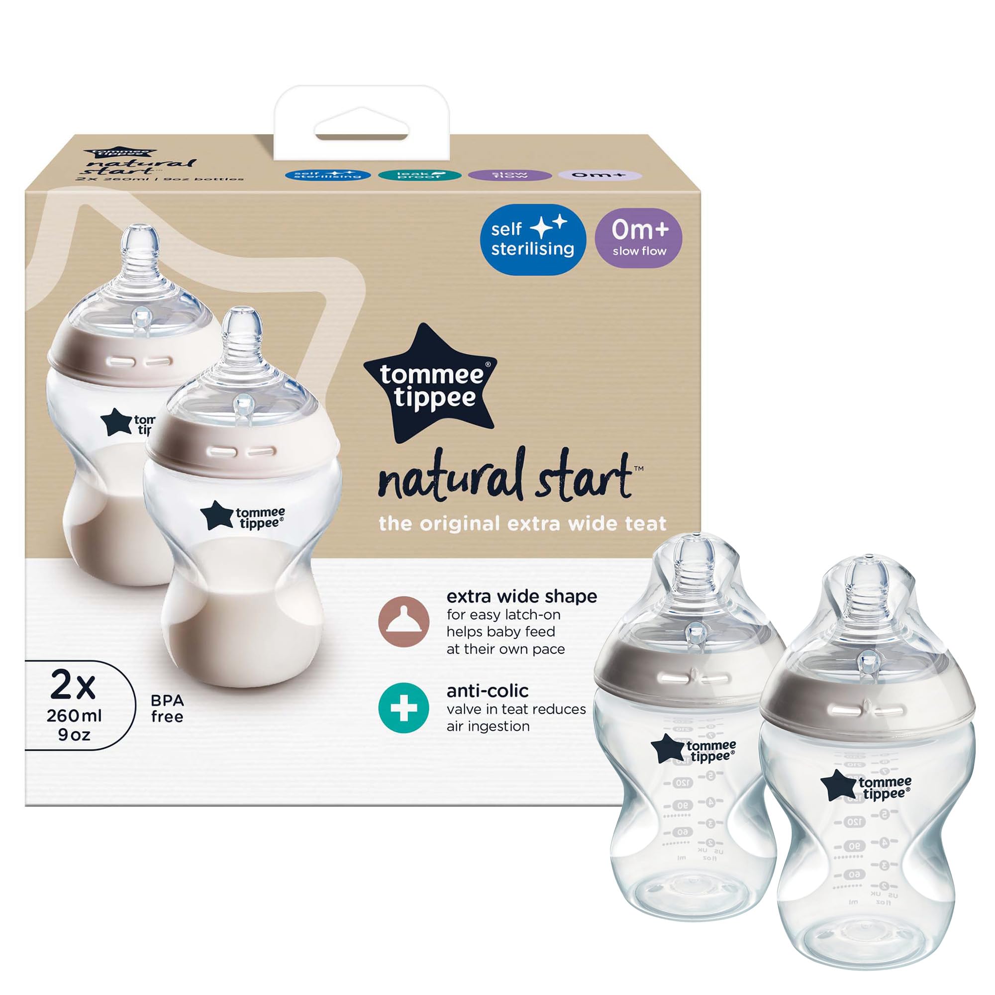 Tommee Tippee Baby Bottles 260ml (Twin Pack) - BPA-Free, Anti-Colic, Easy-Grip - Perfect for Newborns & Infants - Ideal for Breastfeeding, Formula Feeding & On-the-Go Use