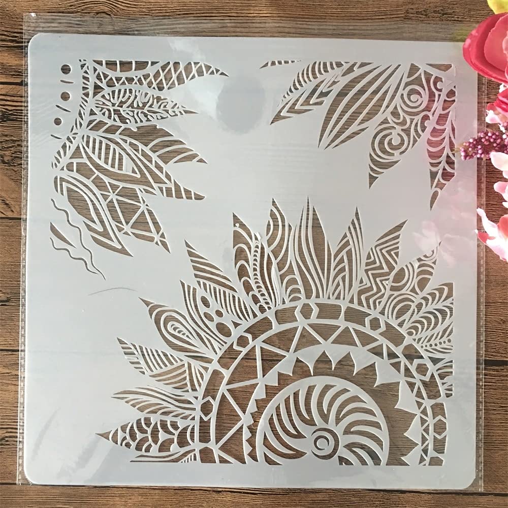 30x30cm Mandala Sun Feather Reusable Stencil for DIY Painting, Wall Art, Home Decor - Perfect for Canvas, Wood, Fabric & Craft Projects