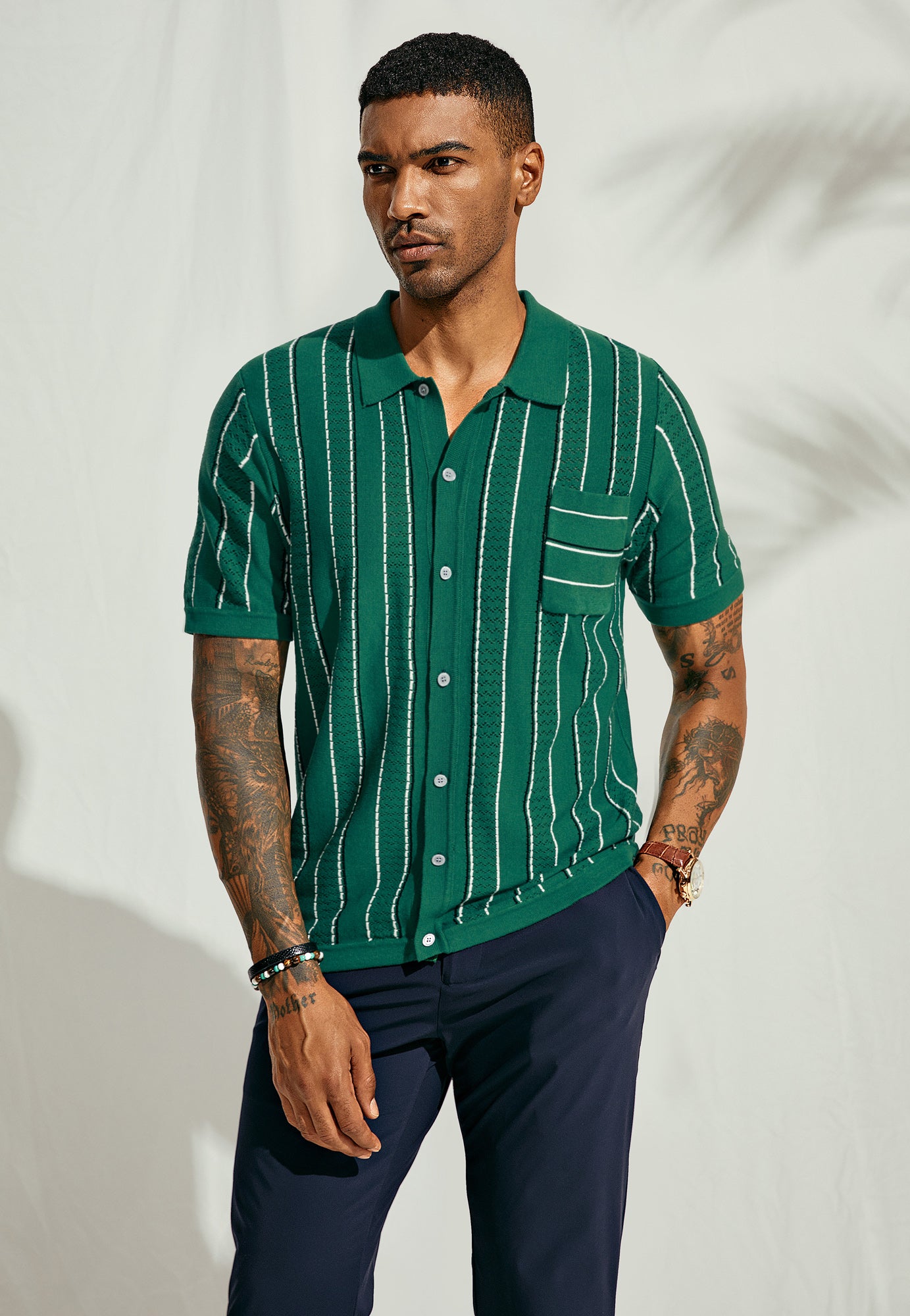 Men's Contrast Color Short Sleeve Cardigan - Lapel Collar Button Up Knit Sweater for Casual Wear & Office Outfits