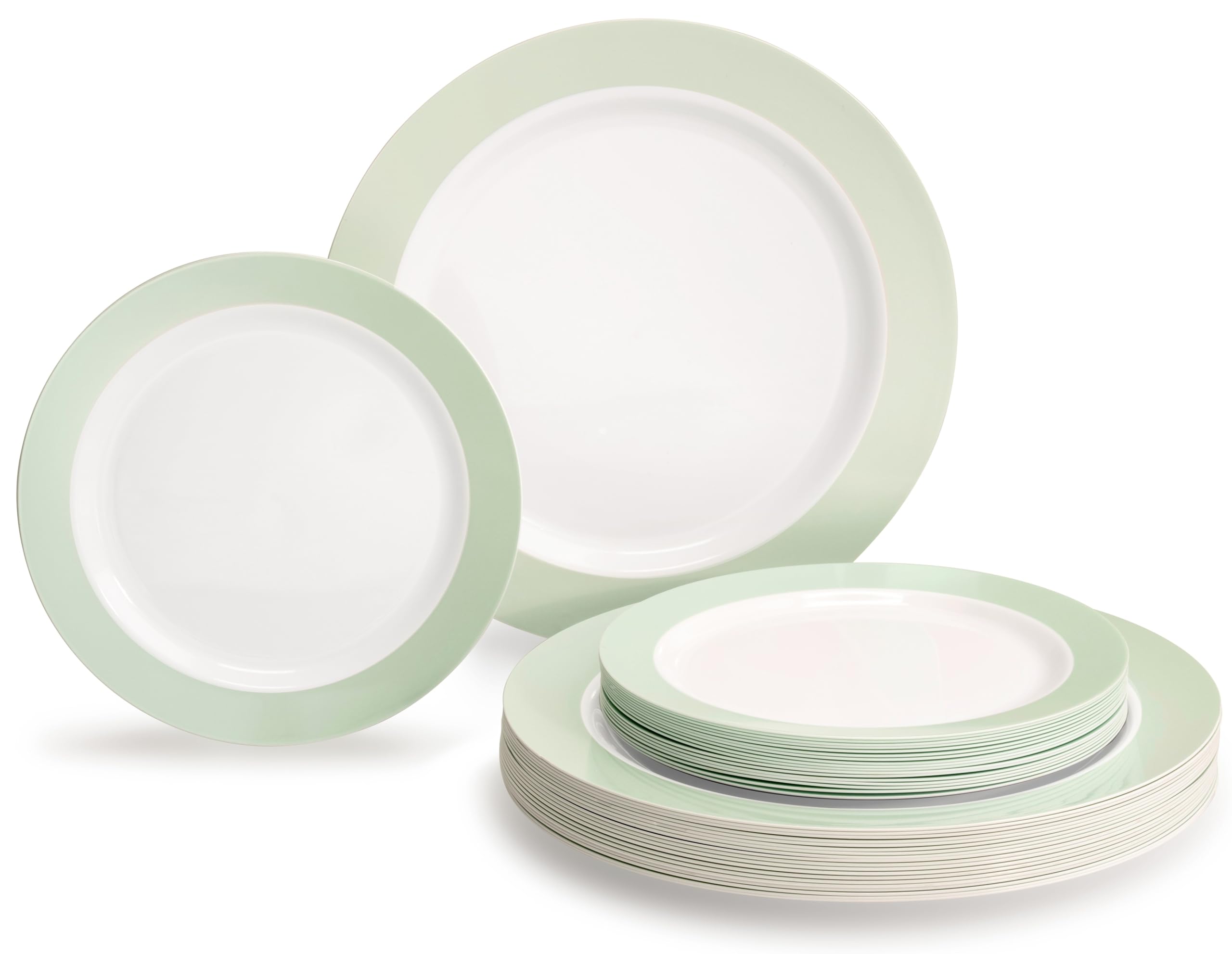240-Pack Heavyweight Disposable Plastic Plates for Weddings & Parties - 120x10.25'' Dinner Plates + 120x7.5'' Salad/Dessert Plates (Rio Collection White & Pearled Green) - Perfect for Wedding Receptions, Bridal Showers & Large Gatherings