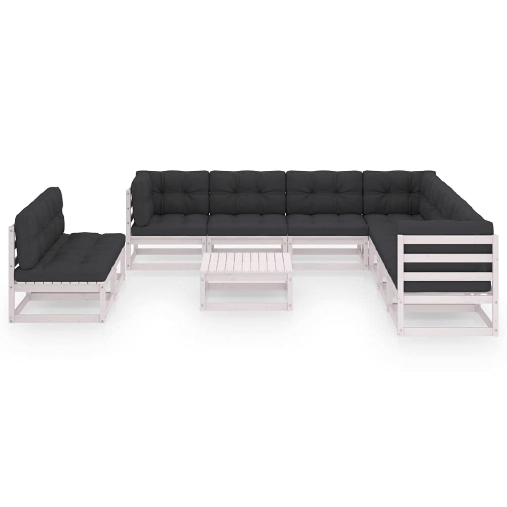 10-Piece vidaXL Patio Furniture Set - White Solid Pine Wood Outdoor Sectional Sofa with Cushions & Coffee Table - Perfect for Garden, Backyard, and Poolside Relaxation