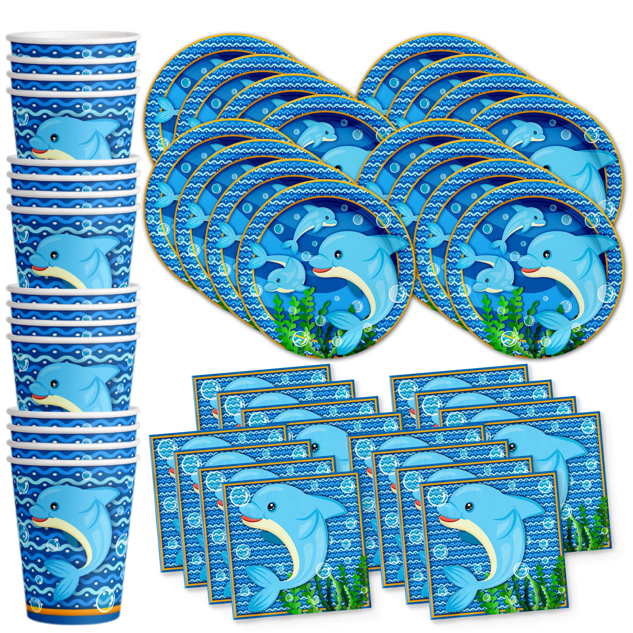 Dolphin Themed Birthday Party Supplies Set - 16-Piece Tableware Kit Includes Plates, Napkins & Cups for Kids Ocean Animal Party Decorations | Perfect for Under the Sea Birthday Celebrations, Baby Showers & Themed Events