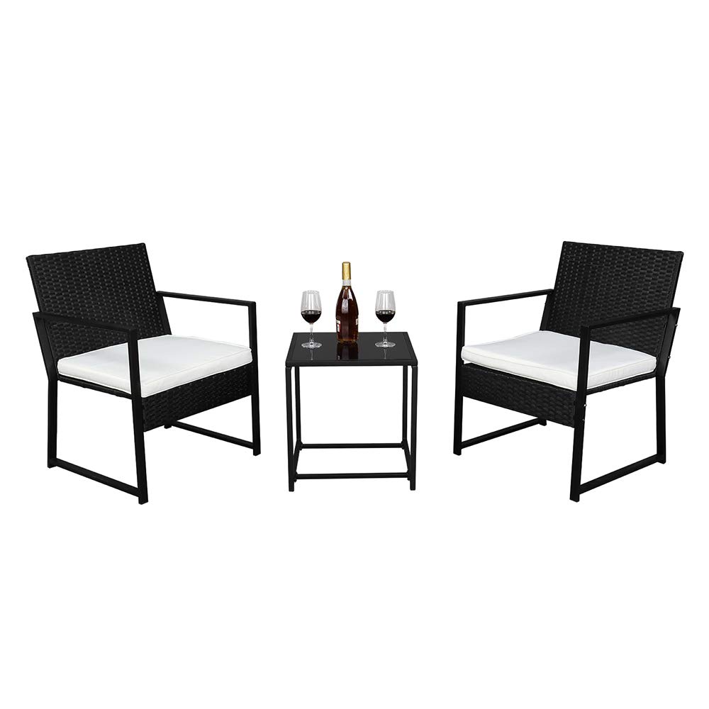 3-Piece Outdoor Patio Furniture Set - Wicker Conversation Set with 2 Cushioned Chairs & Tempered Glass Side Table - Perfect for Balcony, Backyard, Poolside, Garden & Patio Relaxation