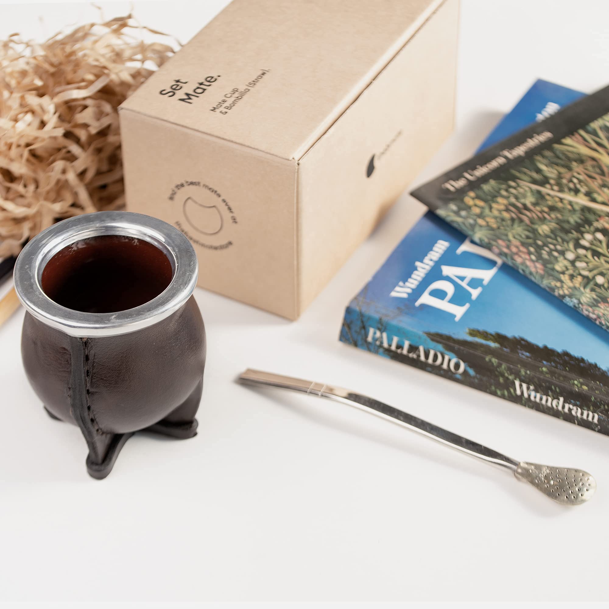 Premium Yerba Mate Cup Set - Handmade Ceramic & Leather - German Silver Straw - Perfect for Travel & Office Use