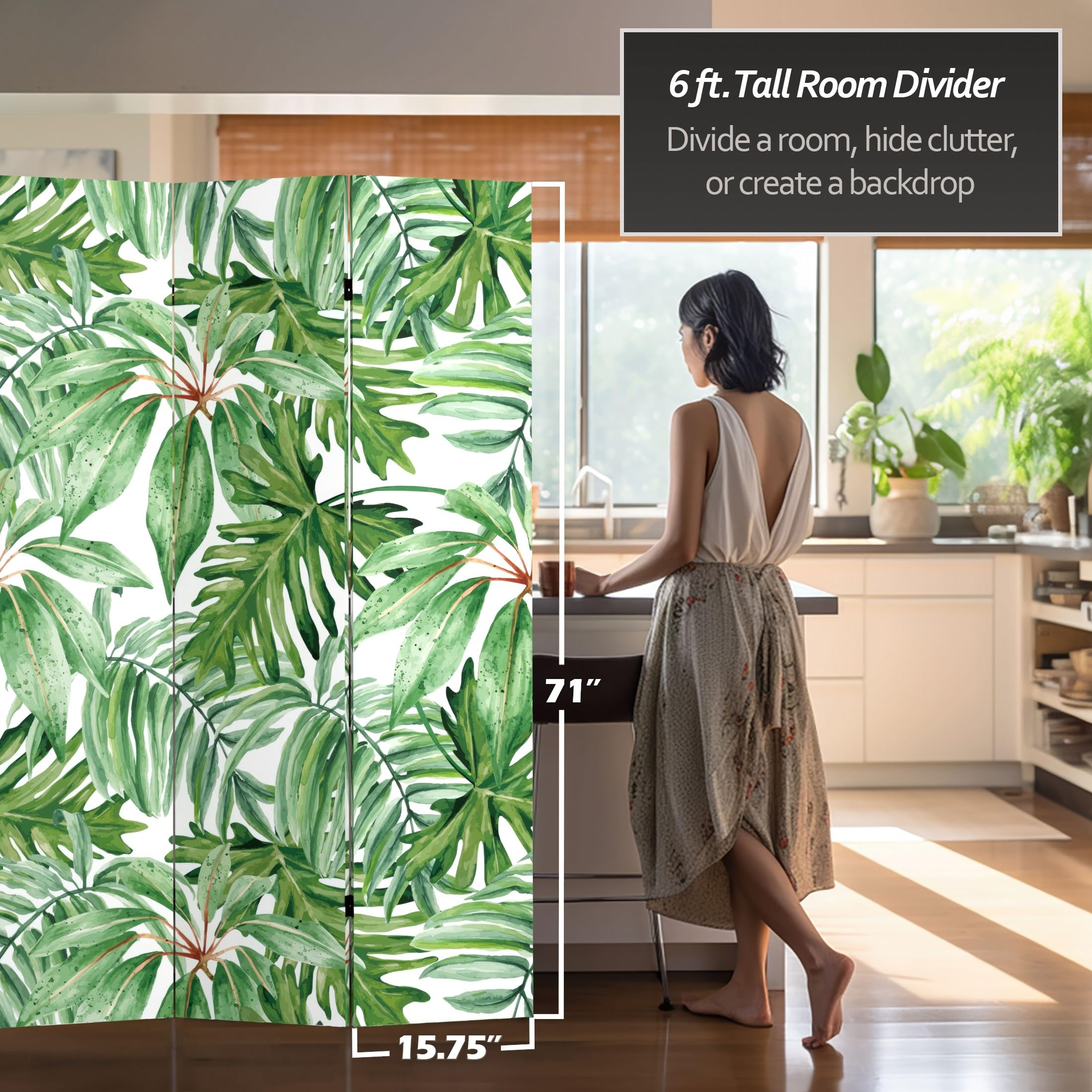6 ft. Tall Double Sided Palm Leaves Canvas Room Divider - Tropical Green Folding Privacy Screen for Home, Office, Patio or Wedding Decor