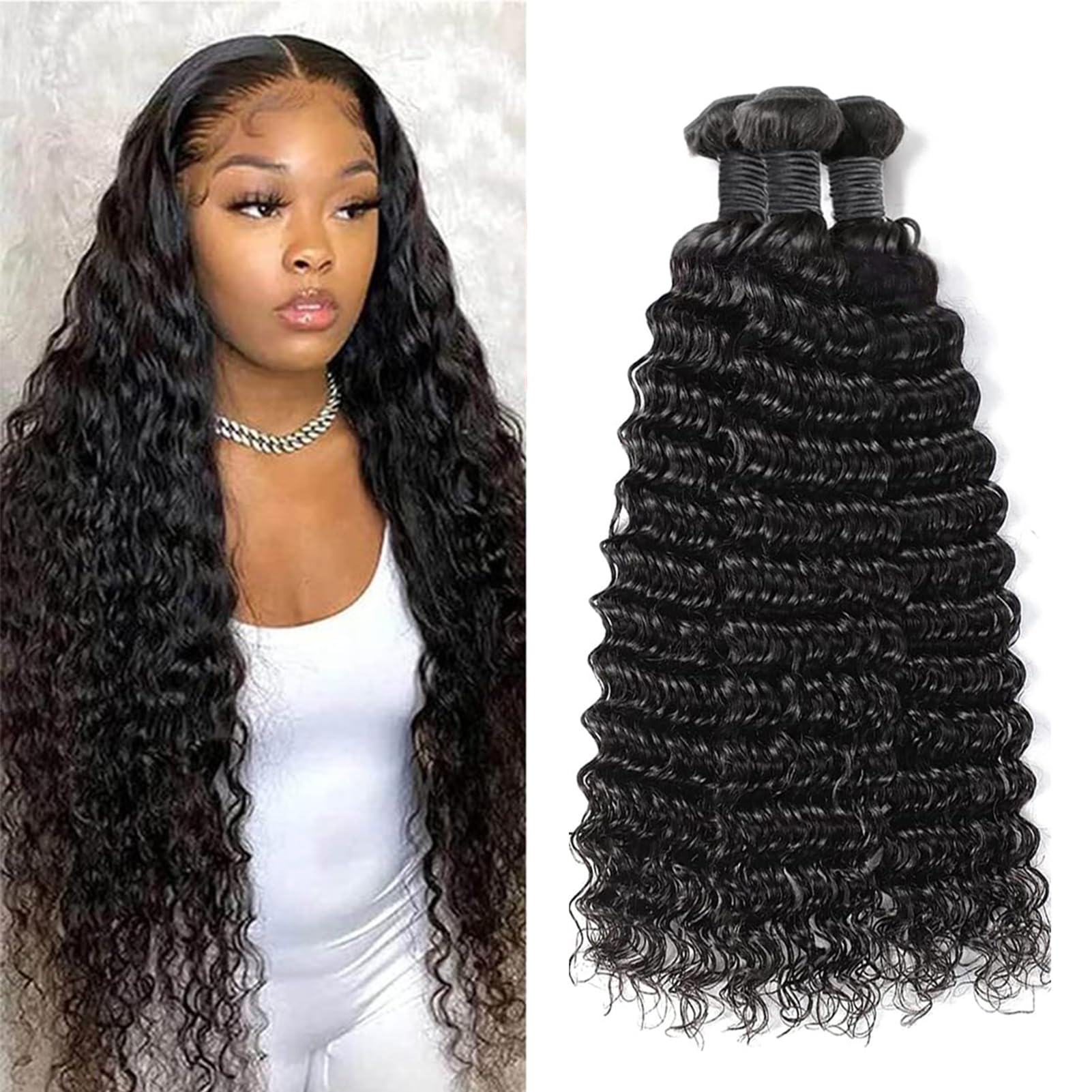 10A Brazilian Deep Wave Bundles - 100% Unprocessed Virgin Human Hair Extensions (26, 28, 30 Inch) | Wet & Wavy Weave Hair for Natural Black Hairstyles | Perfect for Daily Wear, Parties & Special Occasions