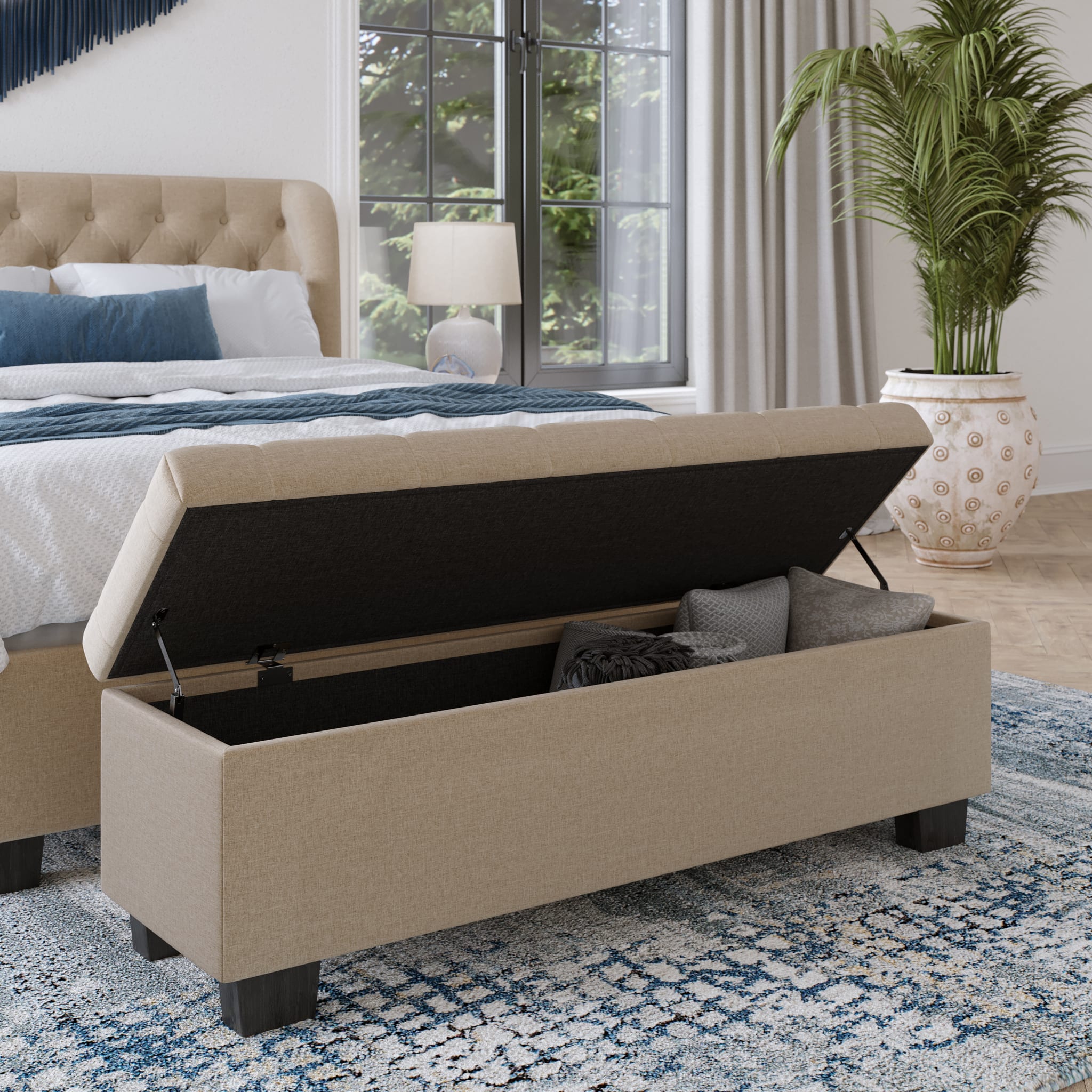 Levi Tufted Storage Bench in Toast Linen - Upholstered Entryway Bench with Storage for Living Room, Bedroom & Hallway - Perfect for Home Organization & Extra Seating