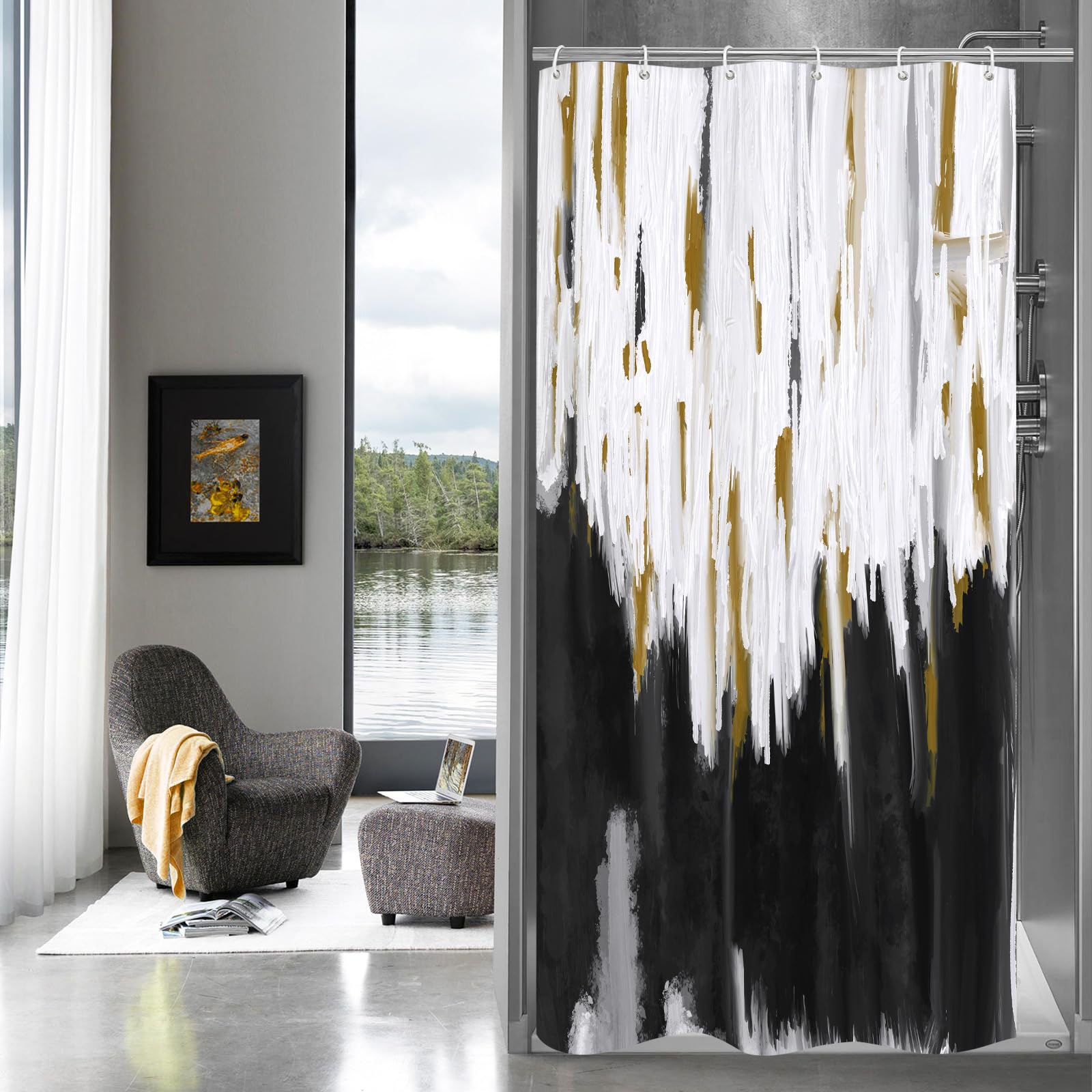 Black Small Stall Shower Curtain 36 x 72 Inches - Abstract Ombre Half Size Narrow Bathroom Curtain Set with Graffiti Oil Painting Design - Waterproof & Stylish for Modern Bathroom Decor - Perfect for Apartments, Dorms & Small Showers