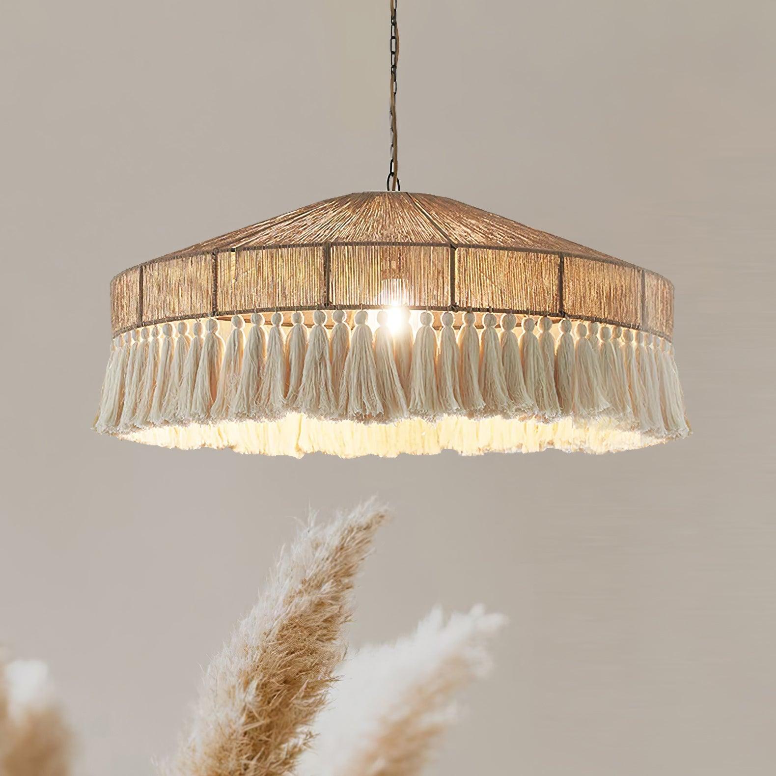 Bohemian Fringe Pendant Lamp - Handmade Rattan Hanging Light Fixture for Living Room, Bedroom & Dining Room Decor | Boho Chic Ceiling Lighting for Home & Cafe