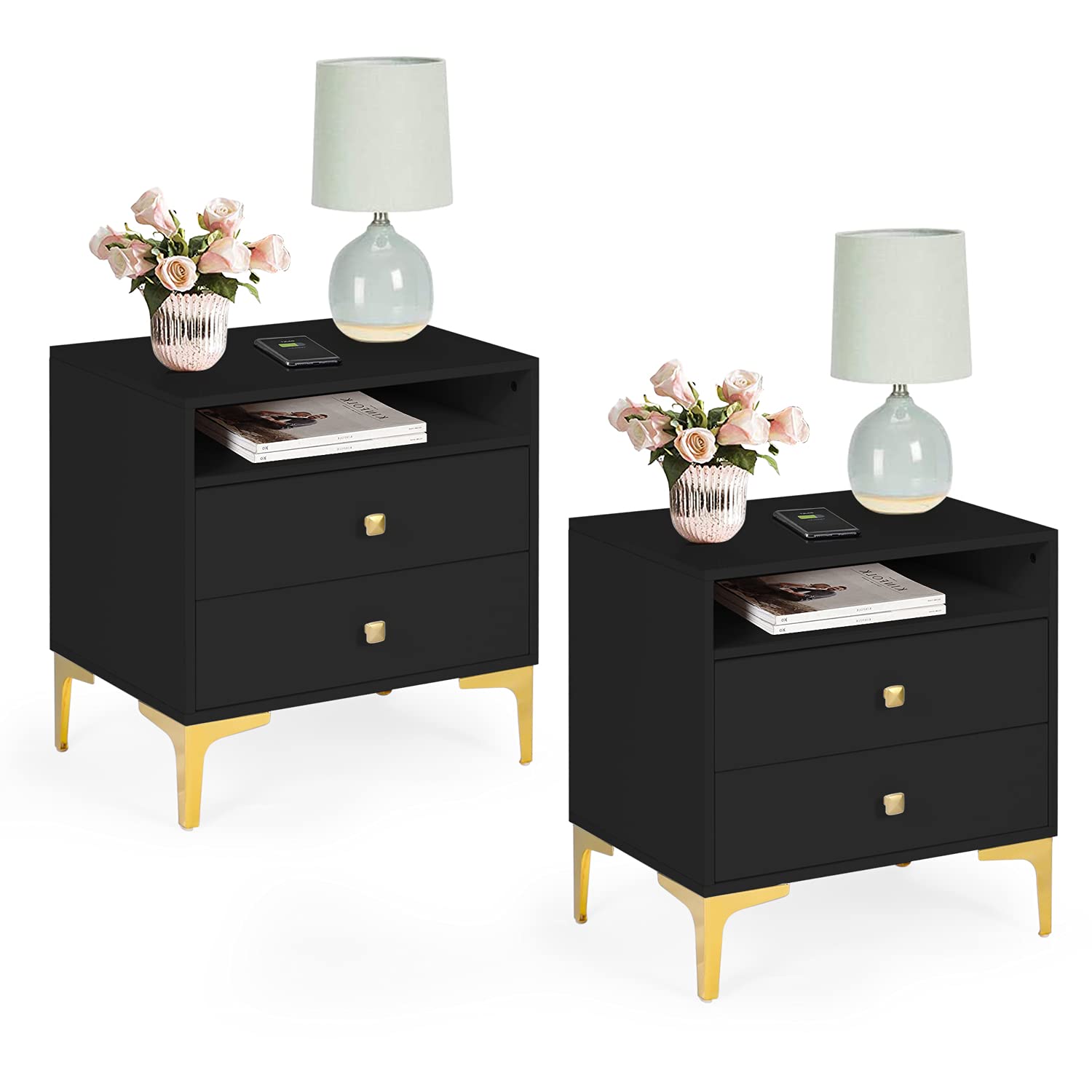 AILEEKISS 2-Piece Nightstands with Wireless Charging - Wooden Bedside Tables with Drawers & Shelf for Bedroom (Black) - Perfect for Modern Bedrooms