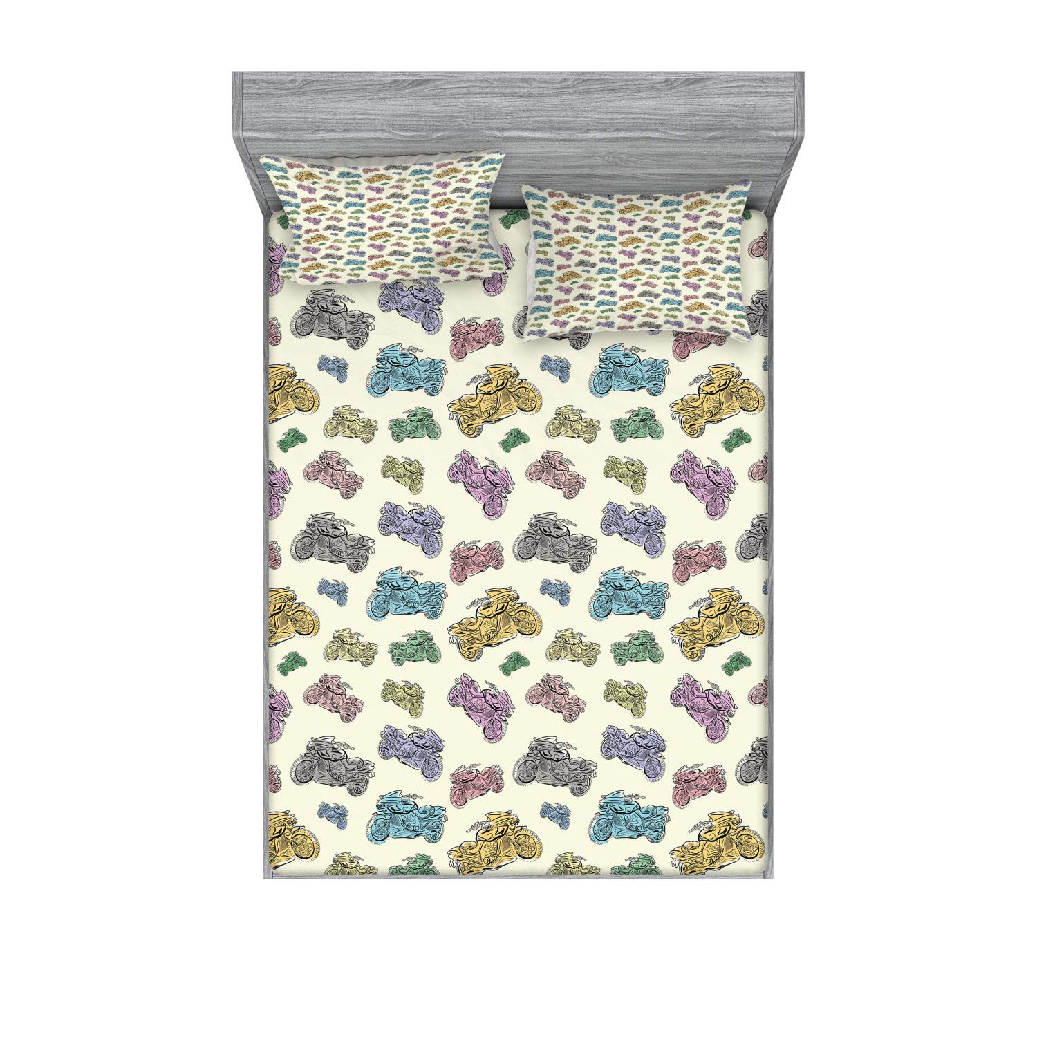 Ambesonne Motorcycle Fitted Sheet & Pillow Sham Set - Pastel Racing Motorcycle Sketch Cartoon Style 3-Piece Bedding Decor for King Size Bed - Perfect for Biker Themed Bedrooms, Motorcycle Enthusiasts & Unique Home Decor