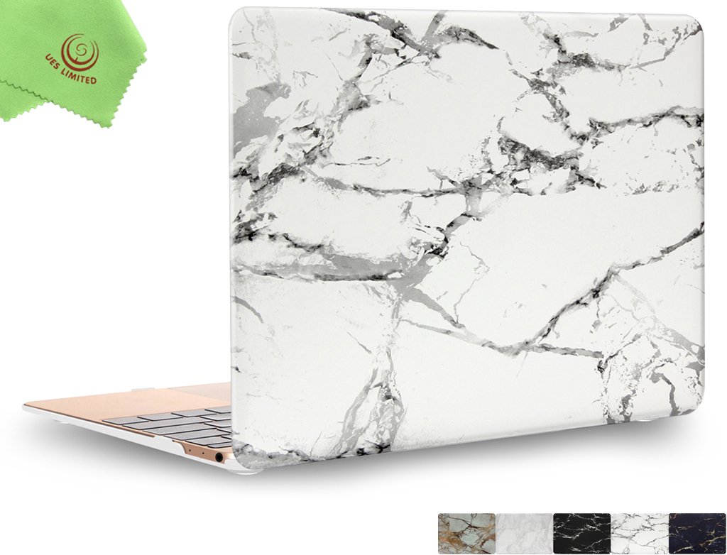 UESWILL Marble Pattern Hard Shell Case Cover for MacBook 12 inch Retina Display A1534 - Protective Laptop Cover with Microfiber Cleaning Cloth (White/Grey) | Perfect for Office, School & Travel Use