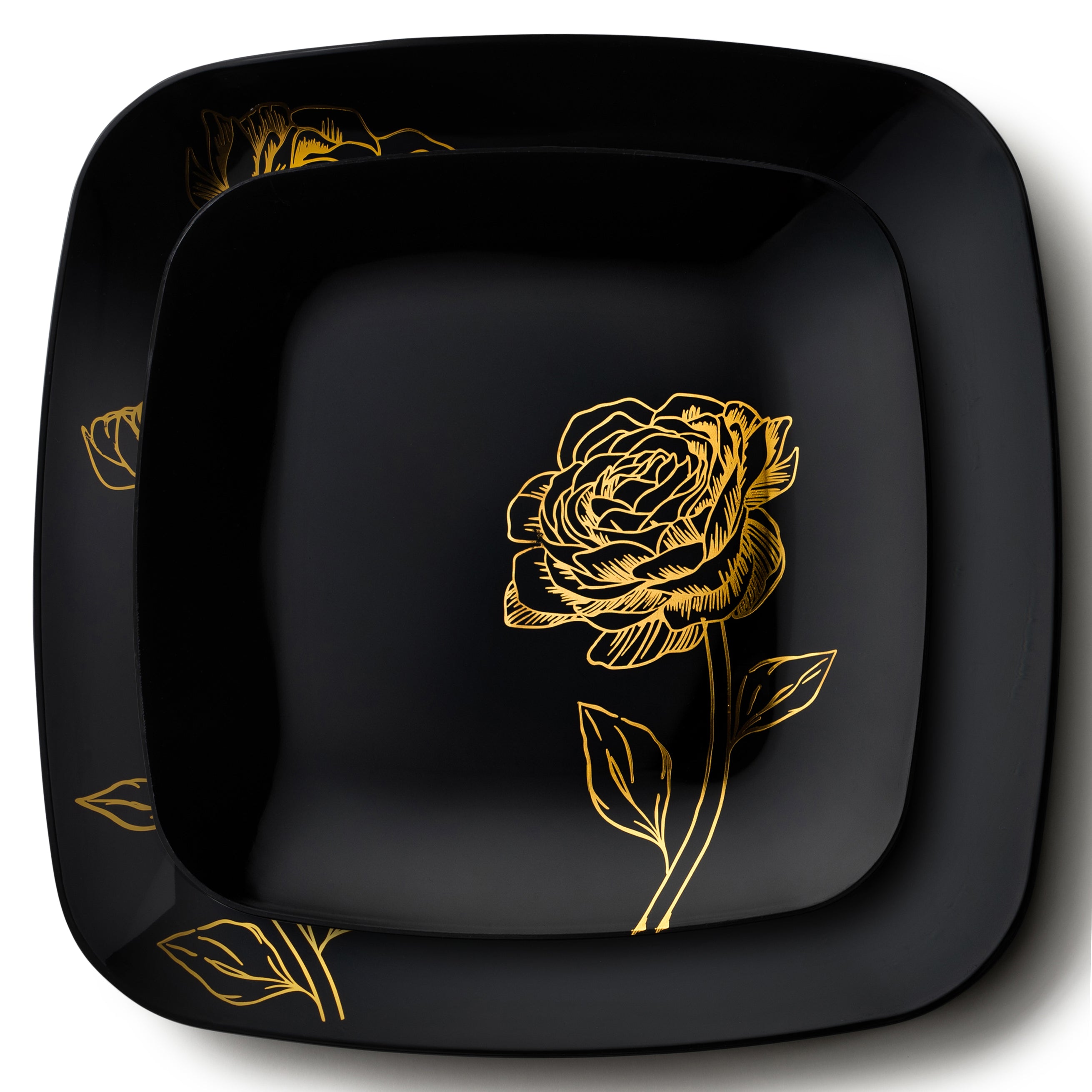 32-Piece Black & Gold Square Plastic Dinnerware Set - 16 Place Settings - Shatterproof Party Plates & Cups - Perfect for Weddings, BBQs, and Outdoor Events
